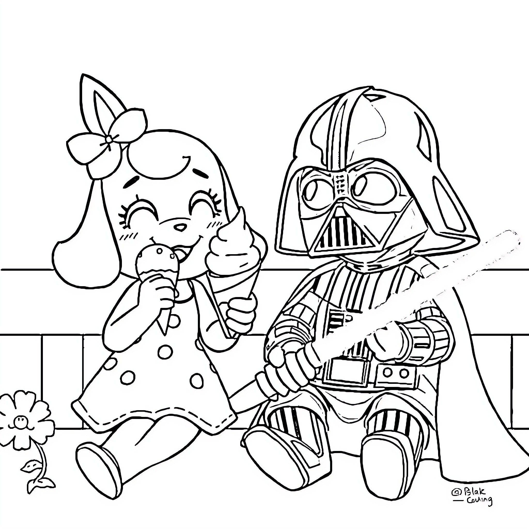 Isabelle and Darth Vader enjoy a playful moment together Coloring Page (free black-and-white line drawing printable PDF for all, from beginners to advanced learners, including children, teens, adults, and seniors)