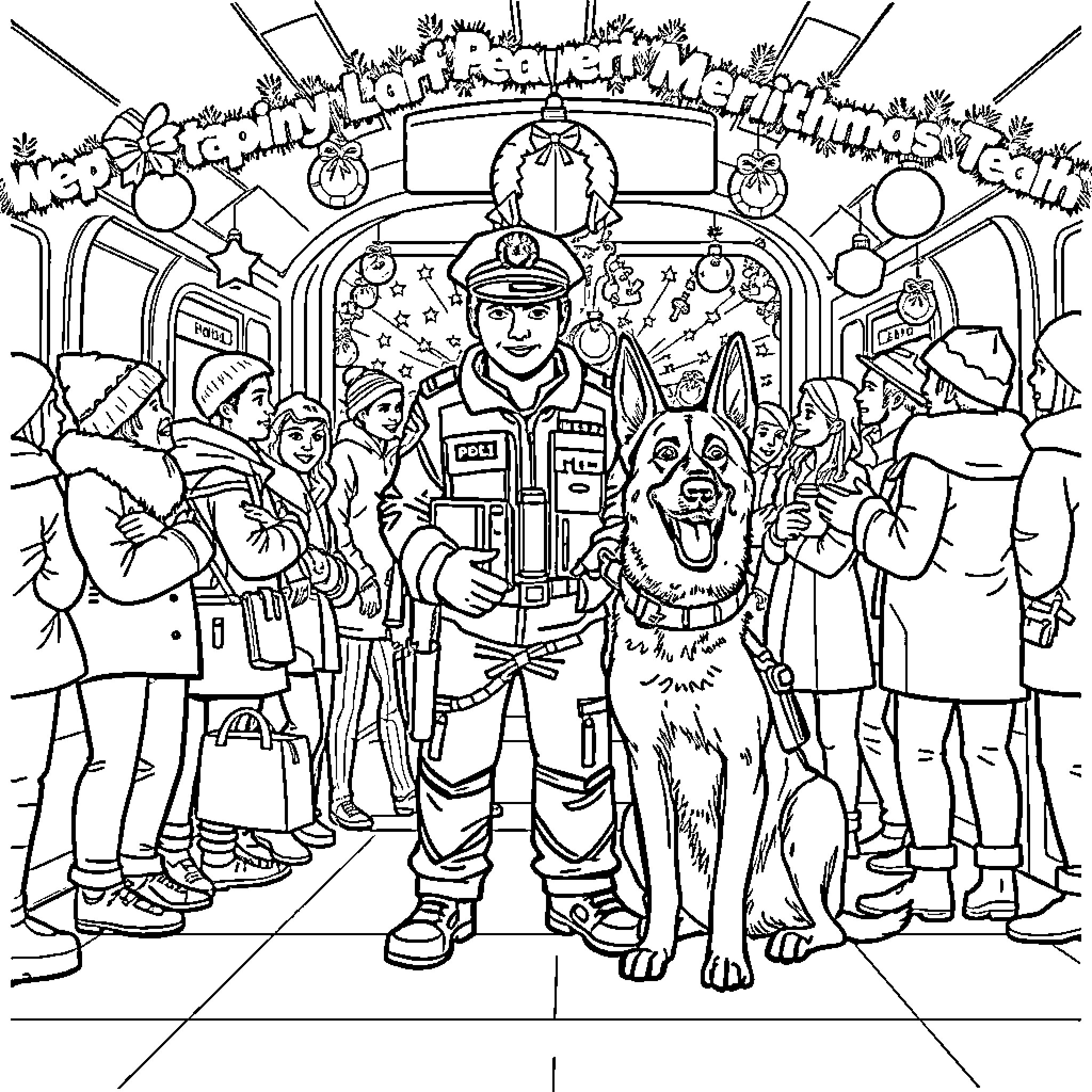 Dog police officer in holiday parade with crowd Coloring Page (free black-and-white line drawing printable PDF for all, from beginners to advanced learners, including children, teens, adults, and seniors)