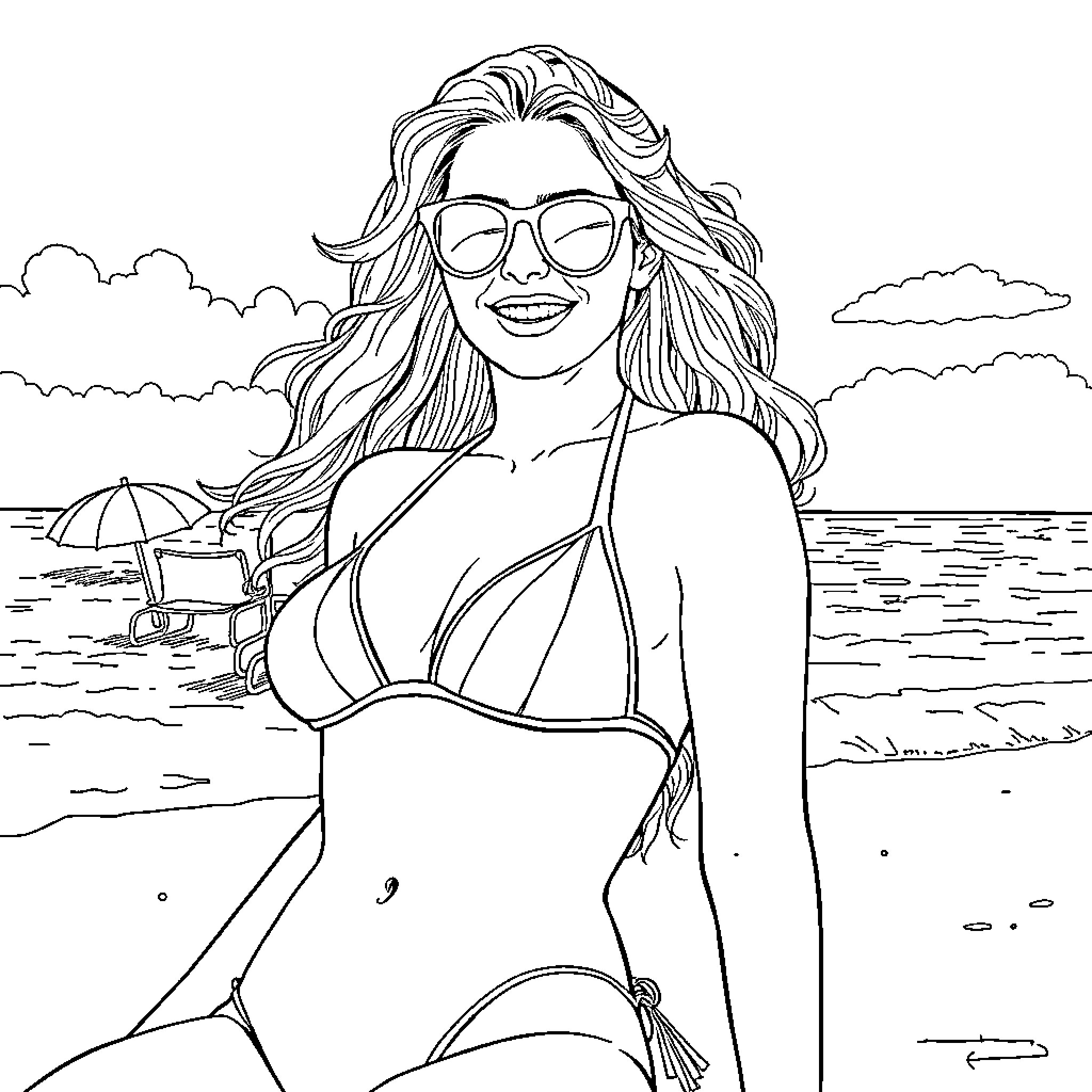 Sidney Sweeney enjoying the sun and surf Coloring Page (free black-and-white line drawing printable PDF for all, from beginners to advanced learners, including children, teens, adults, and seniors)