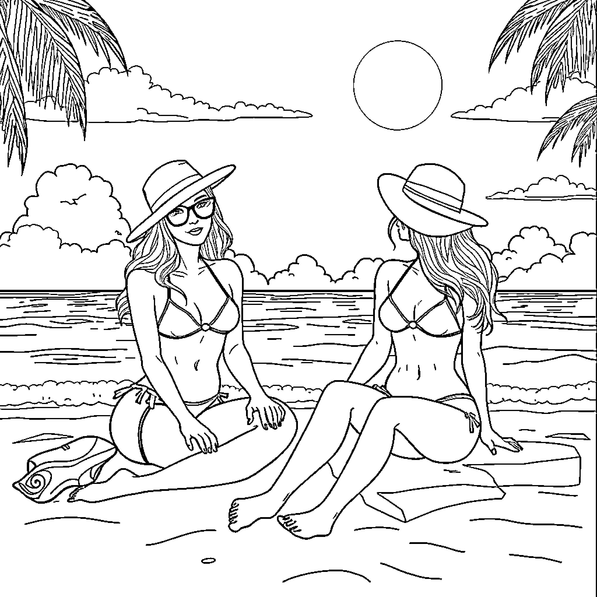 Girls relaxing on the beach during sunset Coloring Page (free black-and-white line drawing printable PDF for all, from beginners to advanced learners, including children, teens, adults, and seniors)
