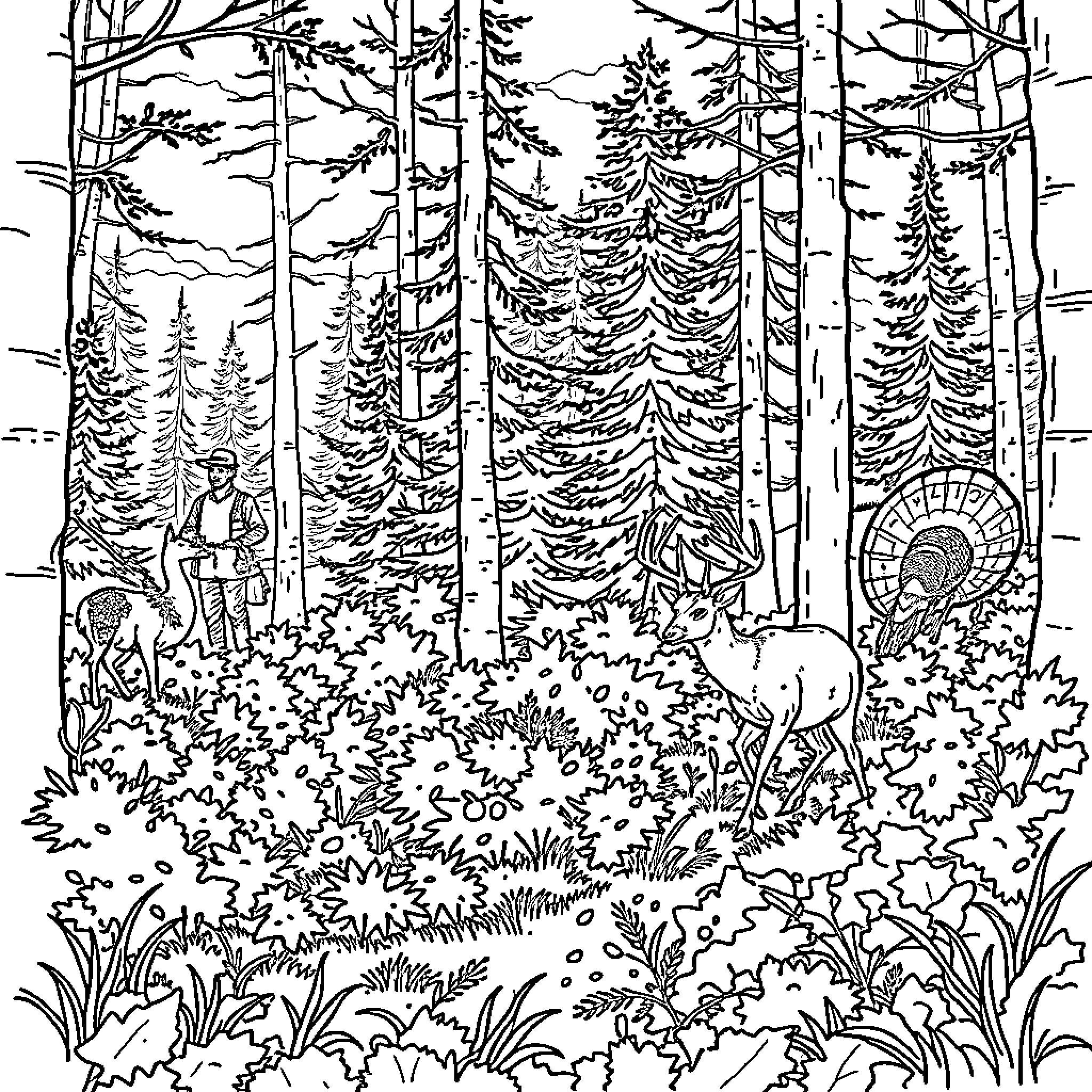 Deer in the Peaceful Forest Coloring Page (free black-and-white line drawing printable PDF for all, from beginners to advanced learners, including children, teens, adults, and seniors)