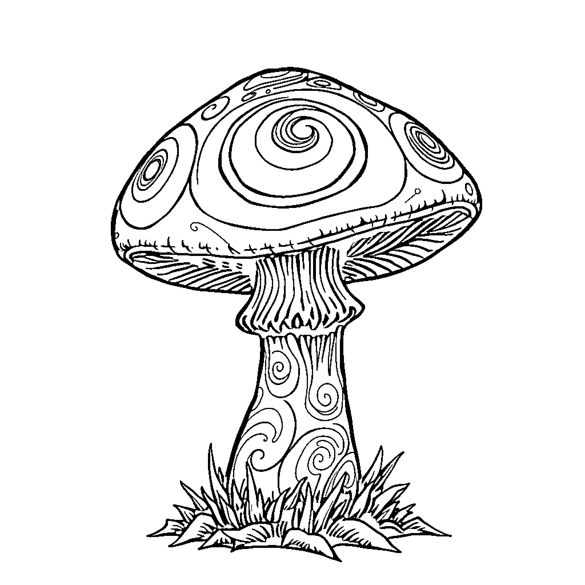 Mushroom with whimsical patterns and shapes Coloring Page (free black-and-white line drawing printable PDF for all, from beginners to advanced learners, including children, teens, adults, and seniors)