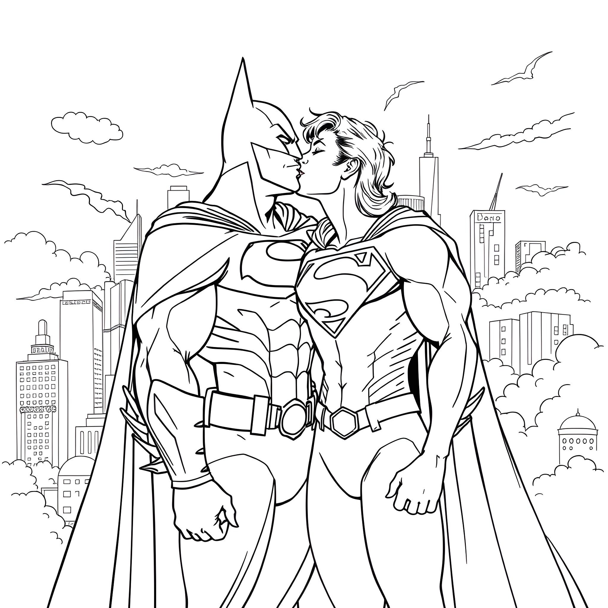 Batman and Superman: Heroic Alliance in the City Coloring Page (free black-and-white line drawing printable PDF for all, from beginners to advanced learners, including children, teens, adults, and seniors)