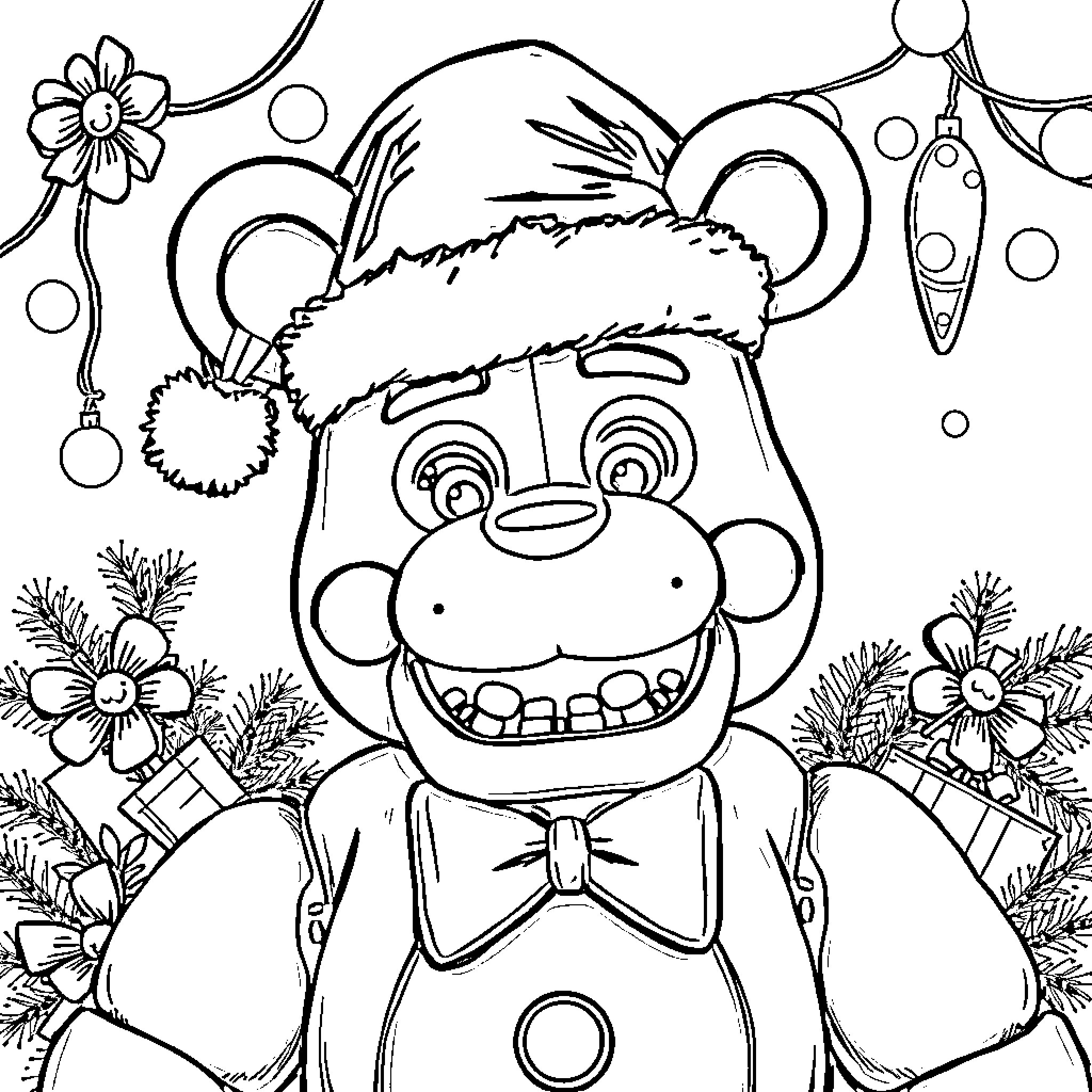 Freddy the Festive Plush Bear Coloring Page (free black-and-white line drawing printable PDF for all, from beginners to advanced learners, including children, teens, adults, and seniors)