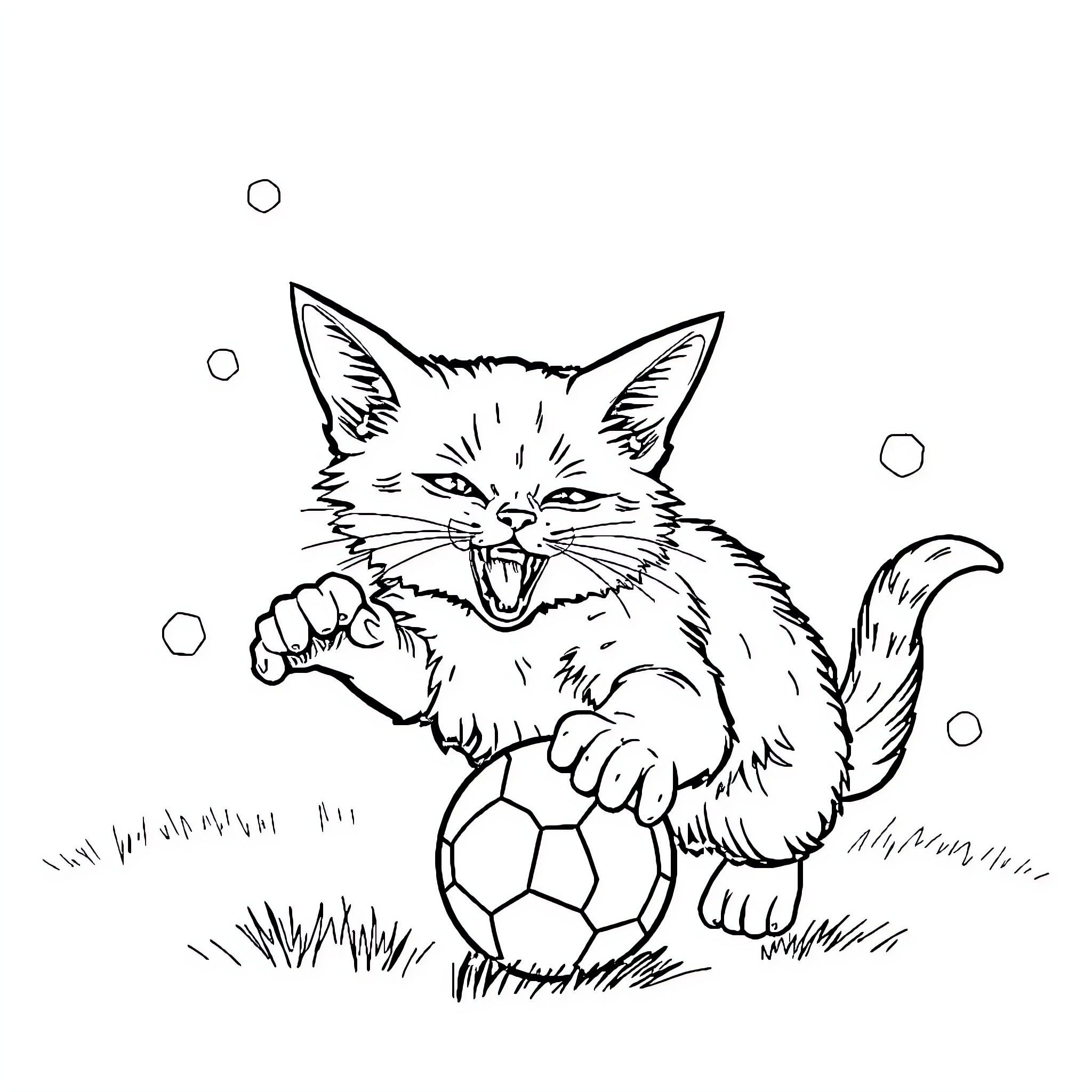 Cat playing with soccer ball on grass Coloring Page (free black-and-white line drawing printable PDF for all, from beginners to advanced learners, including children, teens, adults, and seniors)