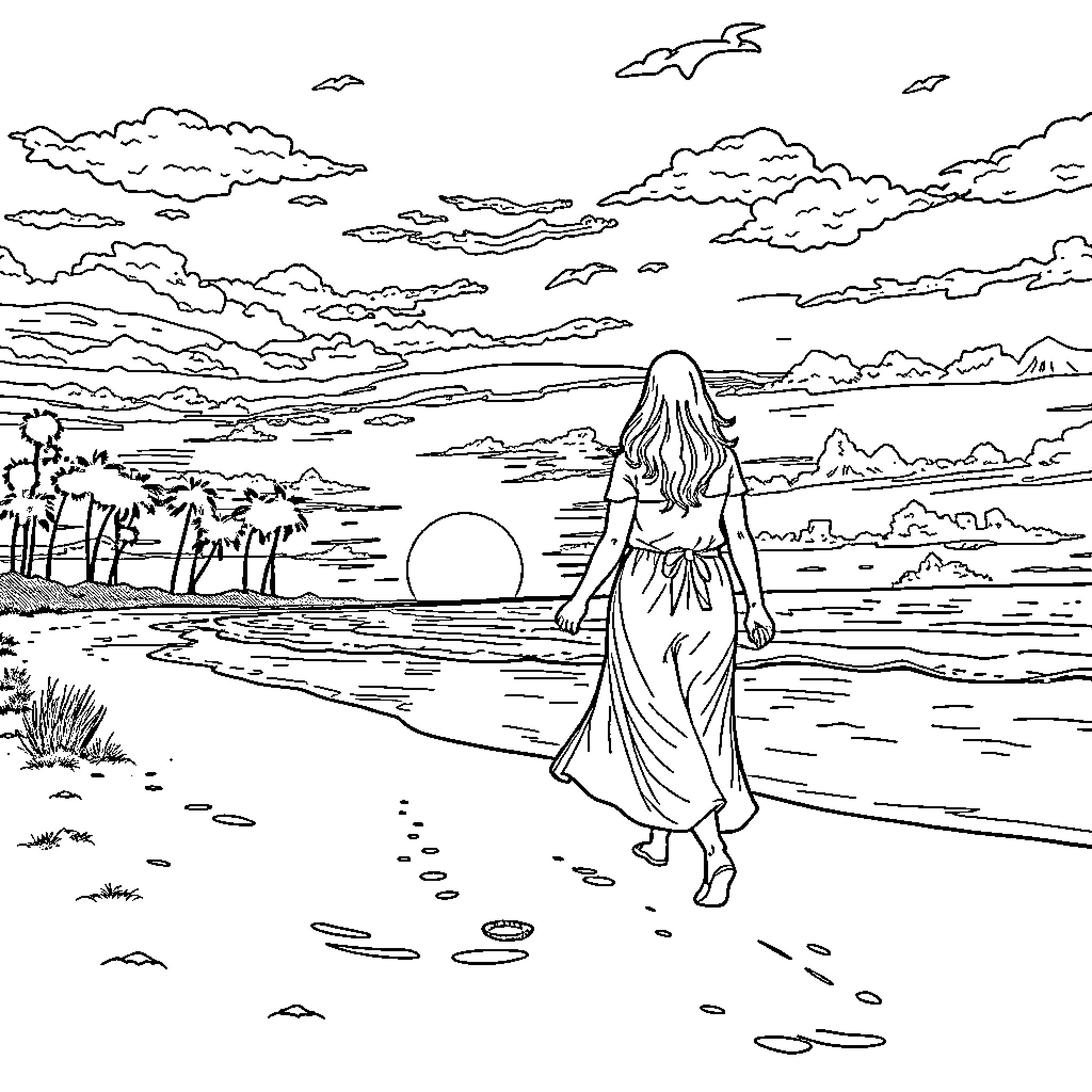 Mom enjoying serene sunset by the beach Coloring Page (free black-and-white line drawing printable PDF for all, from beginners to advanced learners, including children, teens, adults, and seniors)