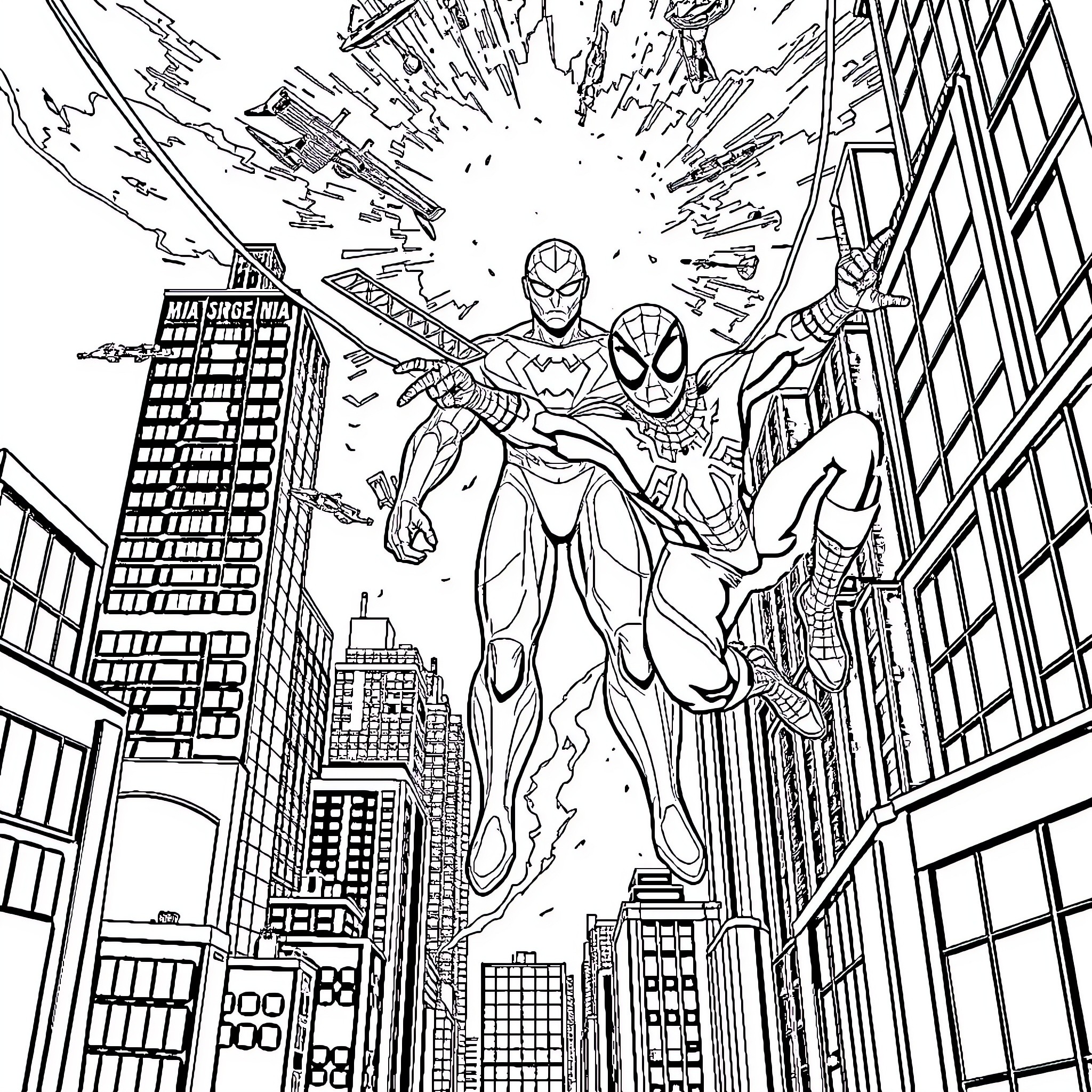 Spiderman Swinging Through the City in Action Coloring Page (free black-and-white line drawing printable PDF for all, from beginners to advanced learners, including children, teens, adults, and seniors)