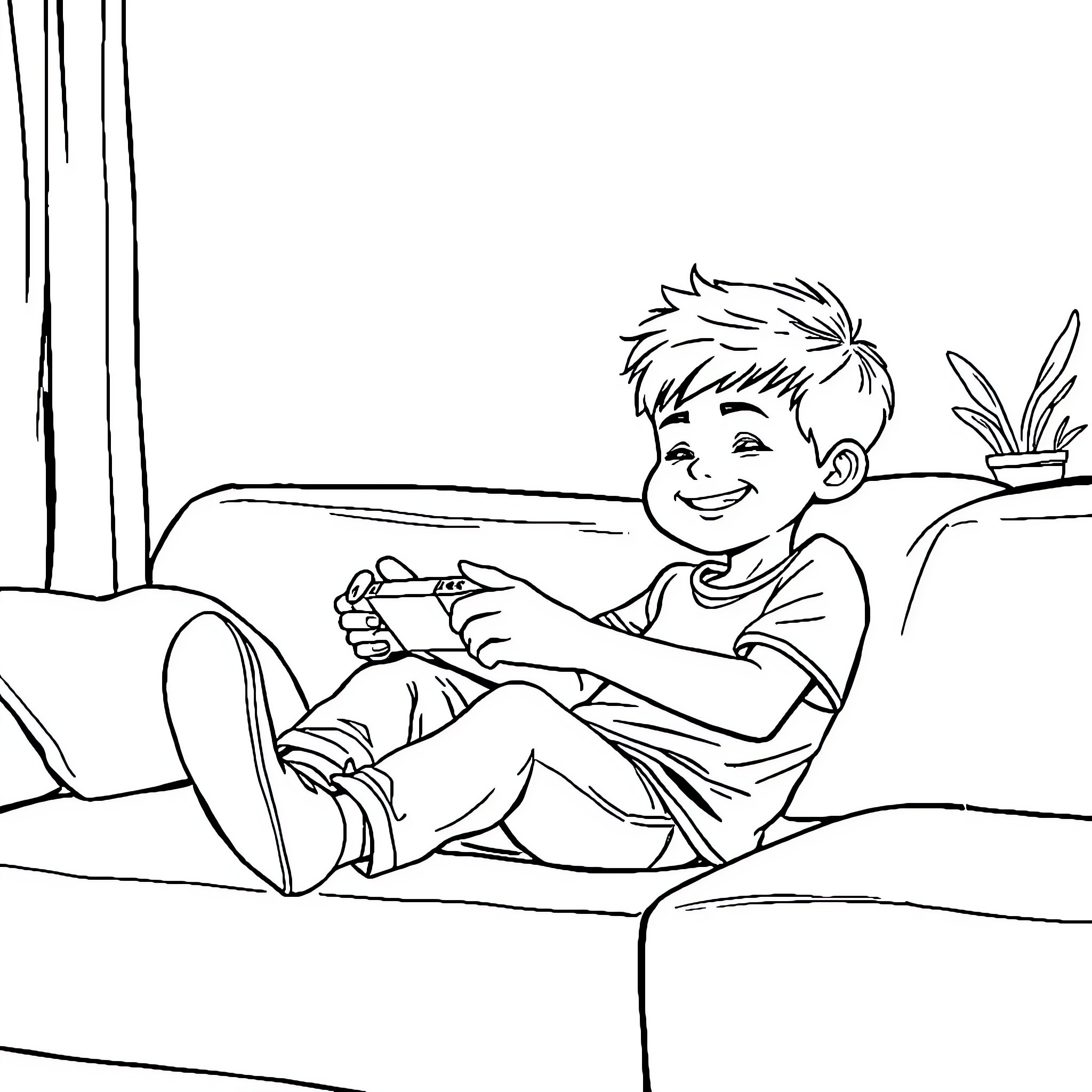 Niño enjoying video game on sofa Coloring Page (free black-and-white line drawing printable PDF for all, from beginners to advanced learners, including children, teens, adults, and seniors)
