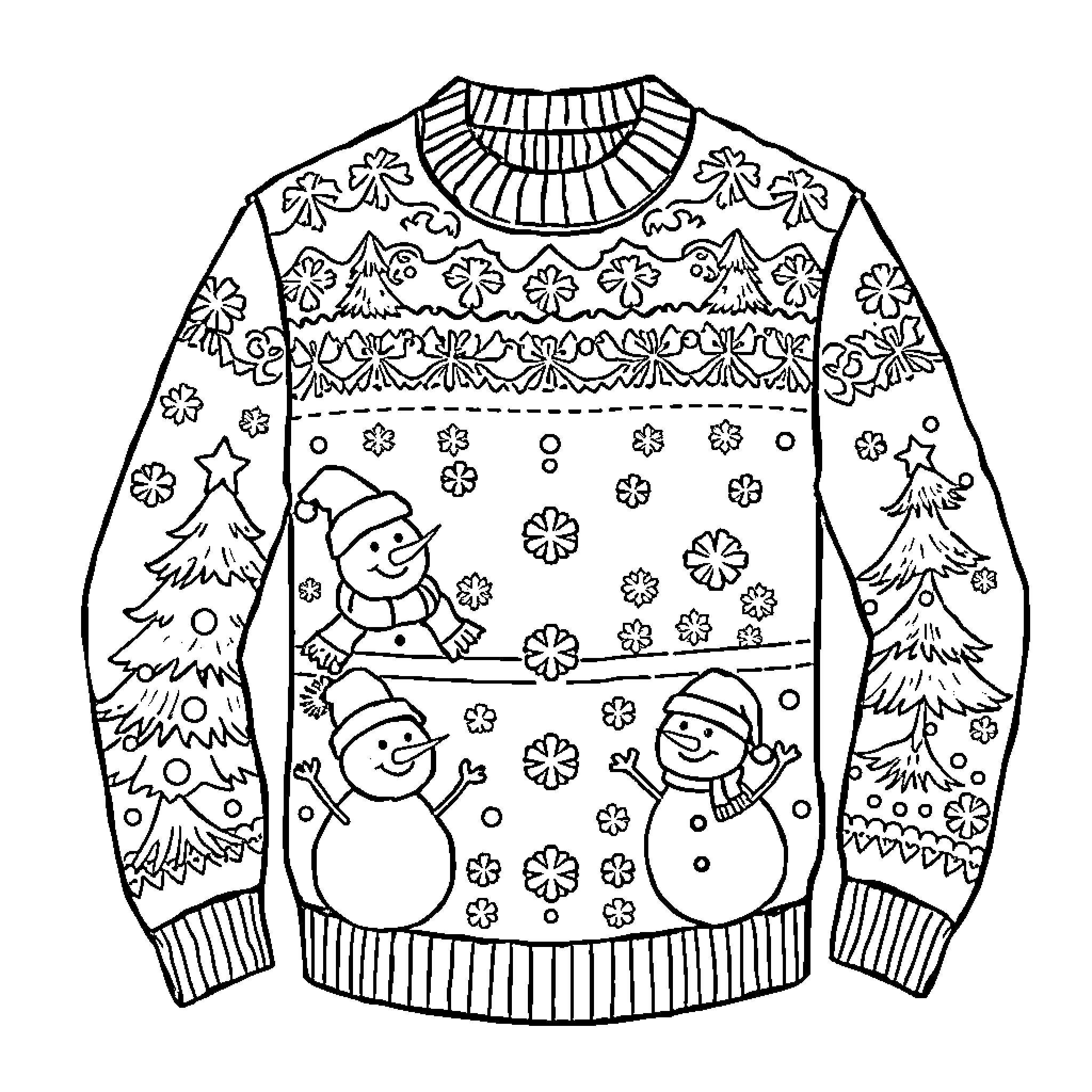 Sweater with Festive Snowman Scene Coloring Page (free black-and-white line drawing printable PDF for all, from beginners to advanced learners, including children, teens, adults, and seniors)