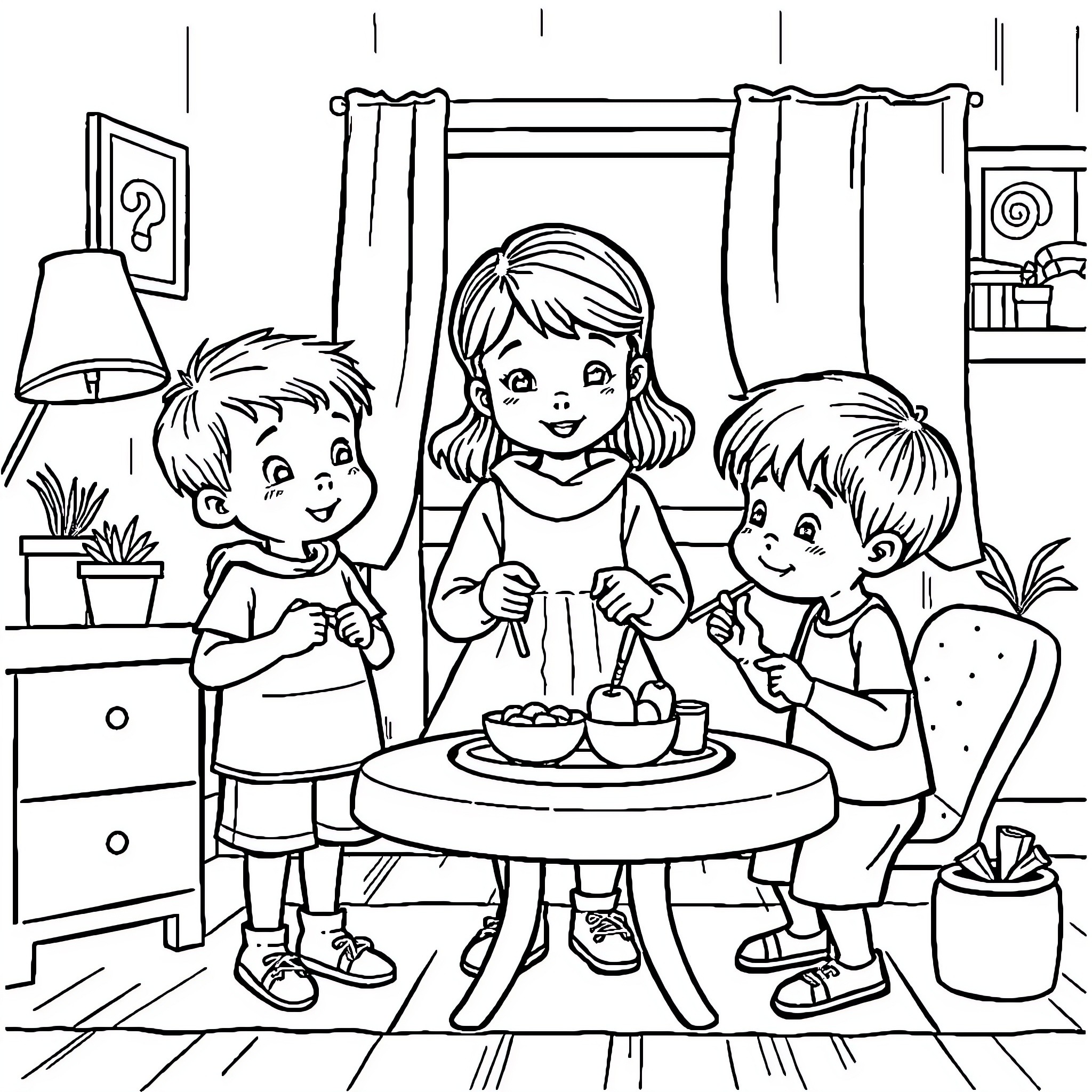 Child sharing a snack with friends in a cozy room Coloring Page (free black-and-white line drawing printable PDF for all, from beginners to advanced learners, including children, teens, adults, and seniors)