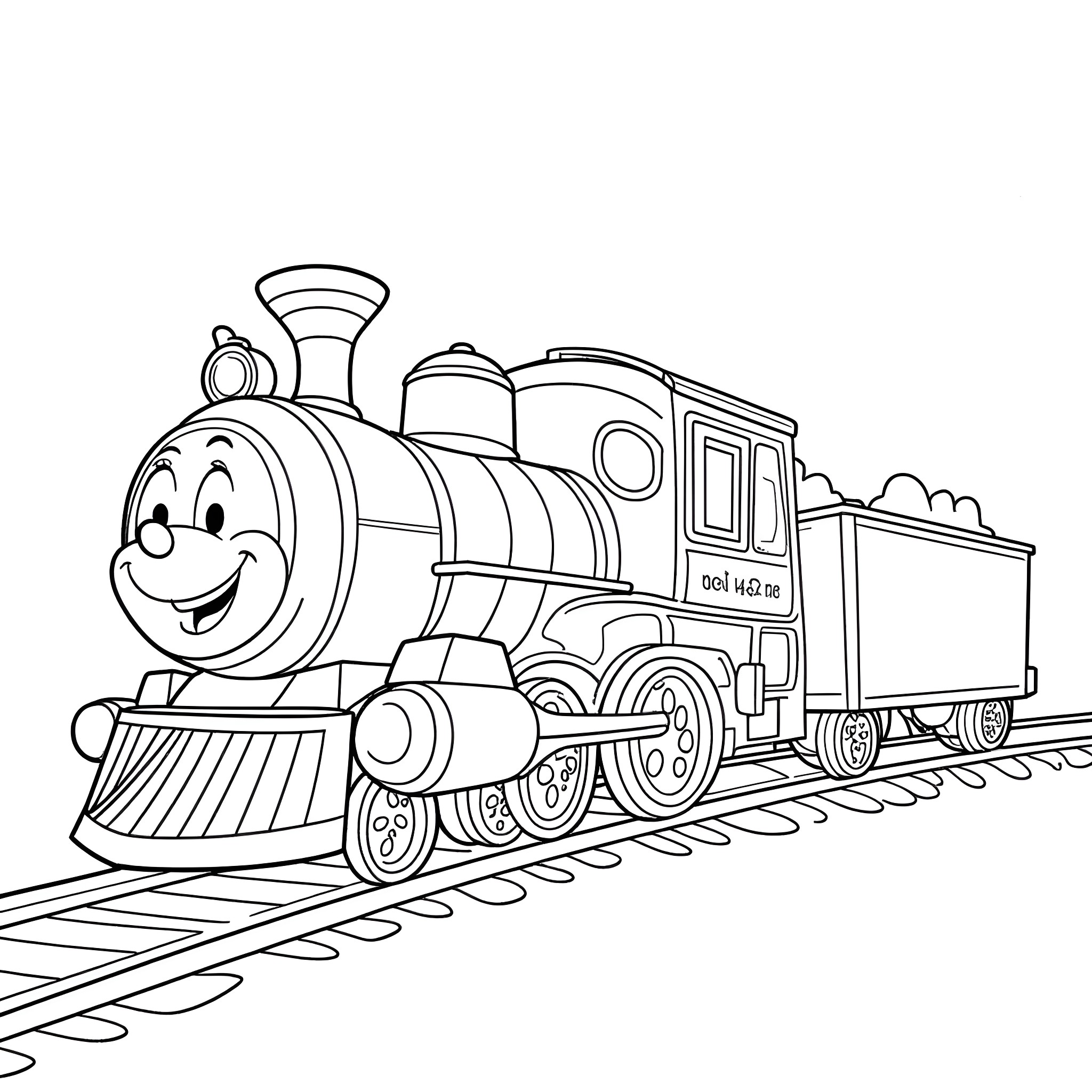 Casey Junior, the happy train on the railroad tracks Coloring Page (free black-and-white line drawing printable PDF for all, from beginners to advanced learners, including children, teens, adults, and seniors)