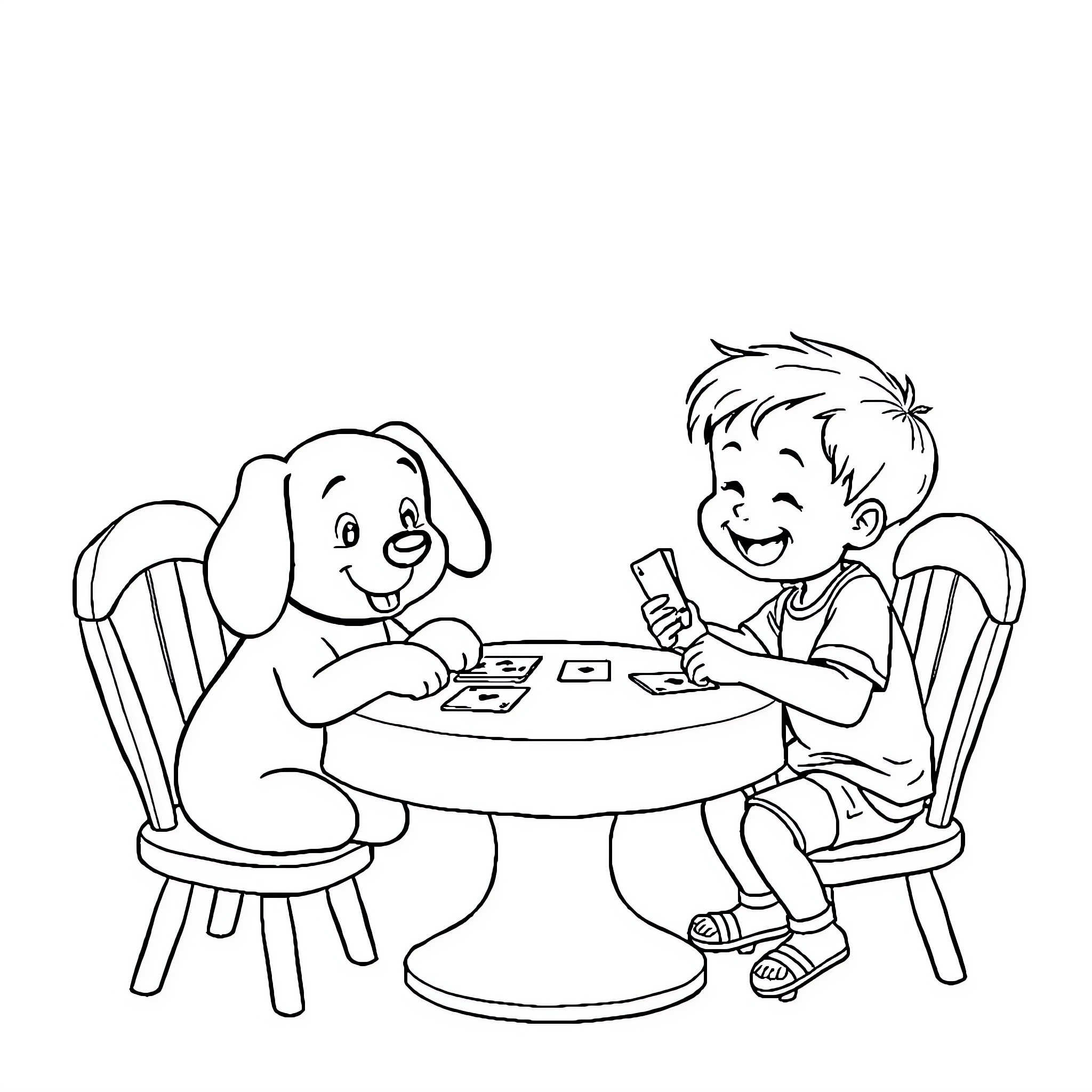 Dog and boy playing board game together Coloring Page (free black-and-white line drawing printable PDF for all, from beginners to advanced learners, including children, teens, adults, and seniors)