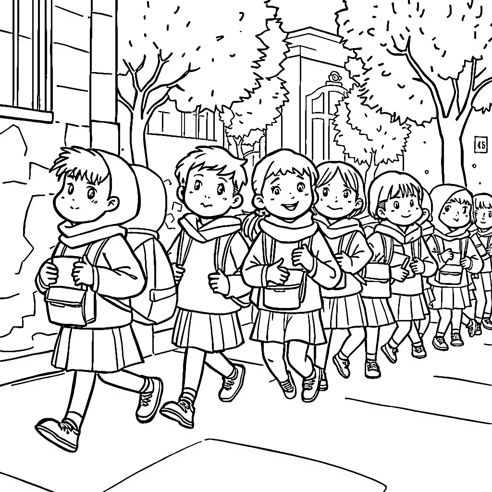 Niños caminando juntos en la escuela Coloring Page (free black-and-white line drawing printable PDF for all, from beginners to advanced learners, including children, teens, adults, and seniors)