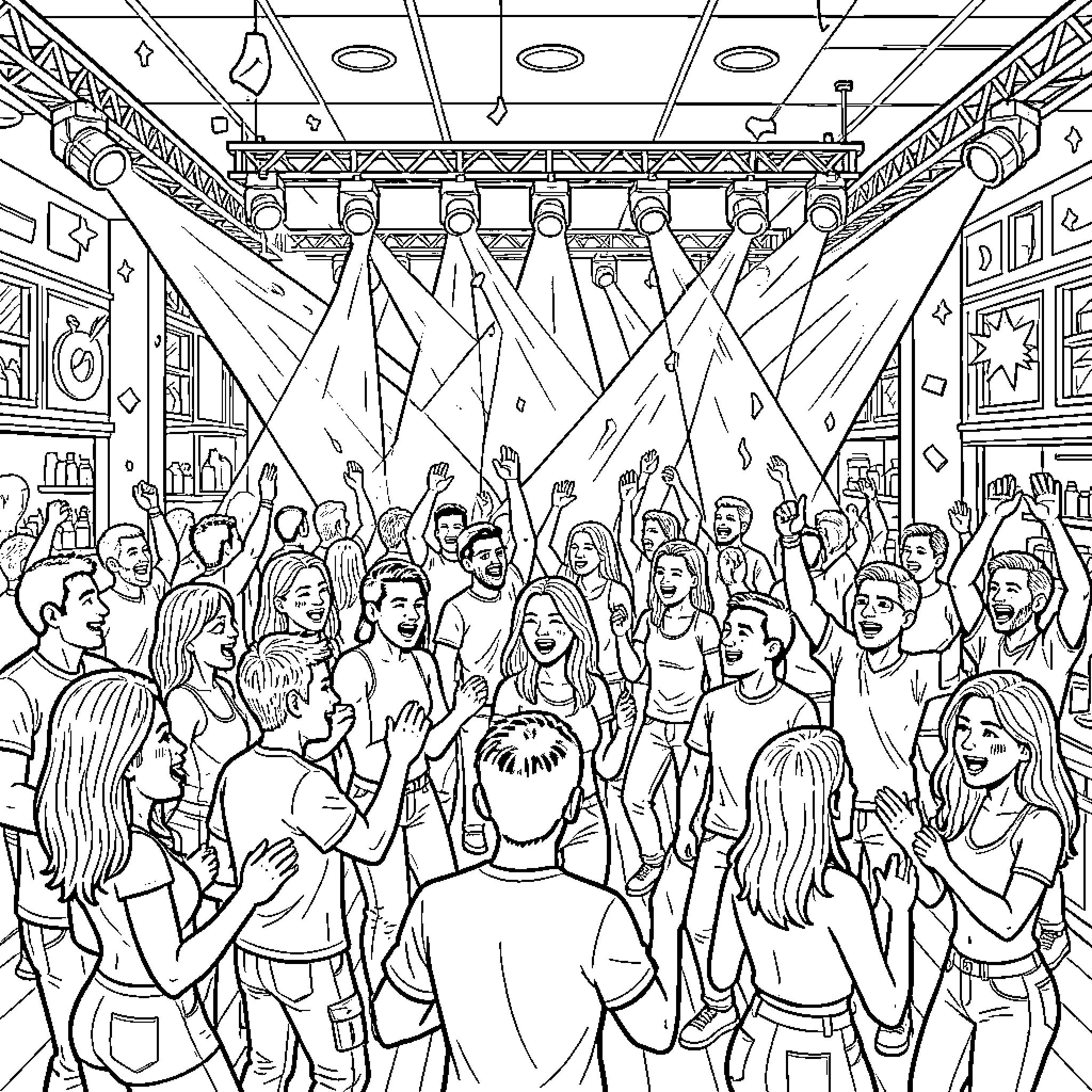 Club Scene with Lively Crowd and Stage Lights Coloring Page (free black-and-white line drawing printable PDF for all, from beginners to advanced learners, including children, teens, adults, and seniors)