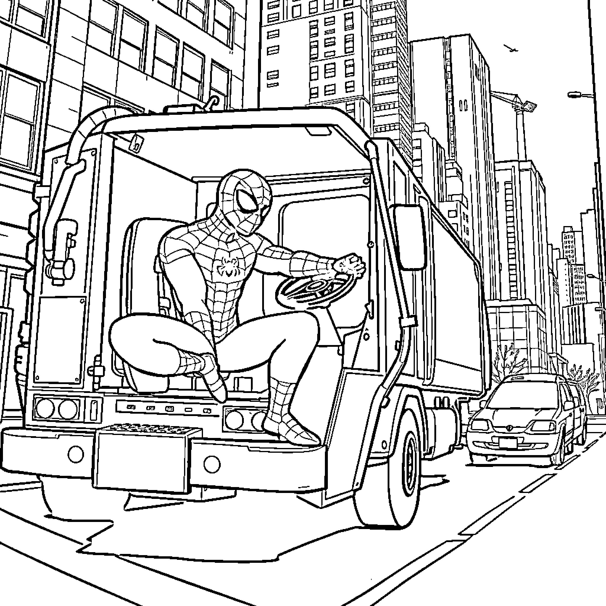 Spiderman rescues civilians in the city Coloring Page (free black-and-white line drawing printable PDF for all, from beginners to advanced learners, including children, teens, adults, and seniors)