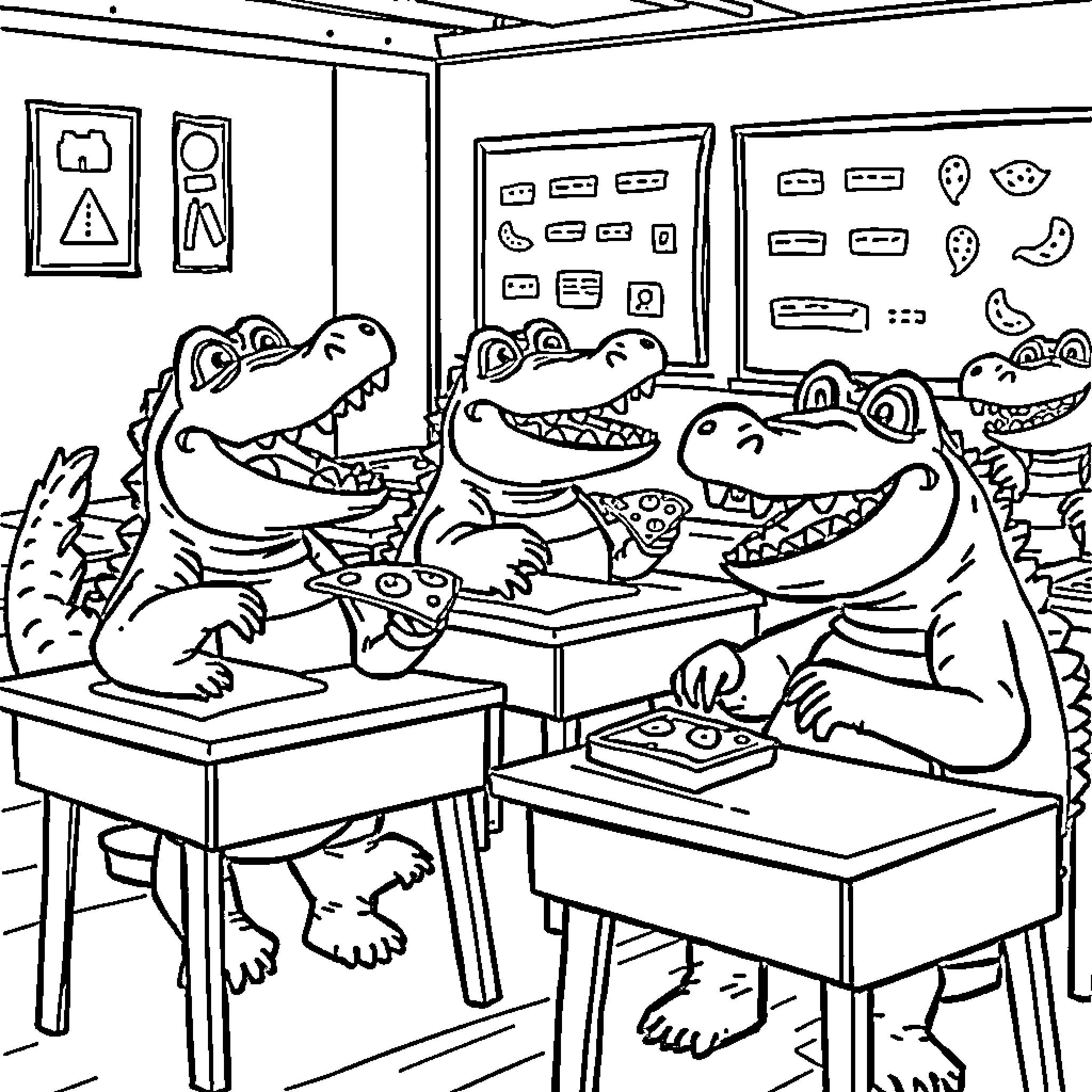 Crocodiles learning and studying in the classroom Coloring Page (free black-and-white line drawing printable PDF for all, from beginners to advanced learners, including children, teens, adults, and seniors)