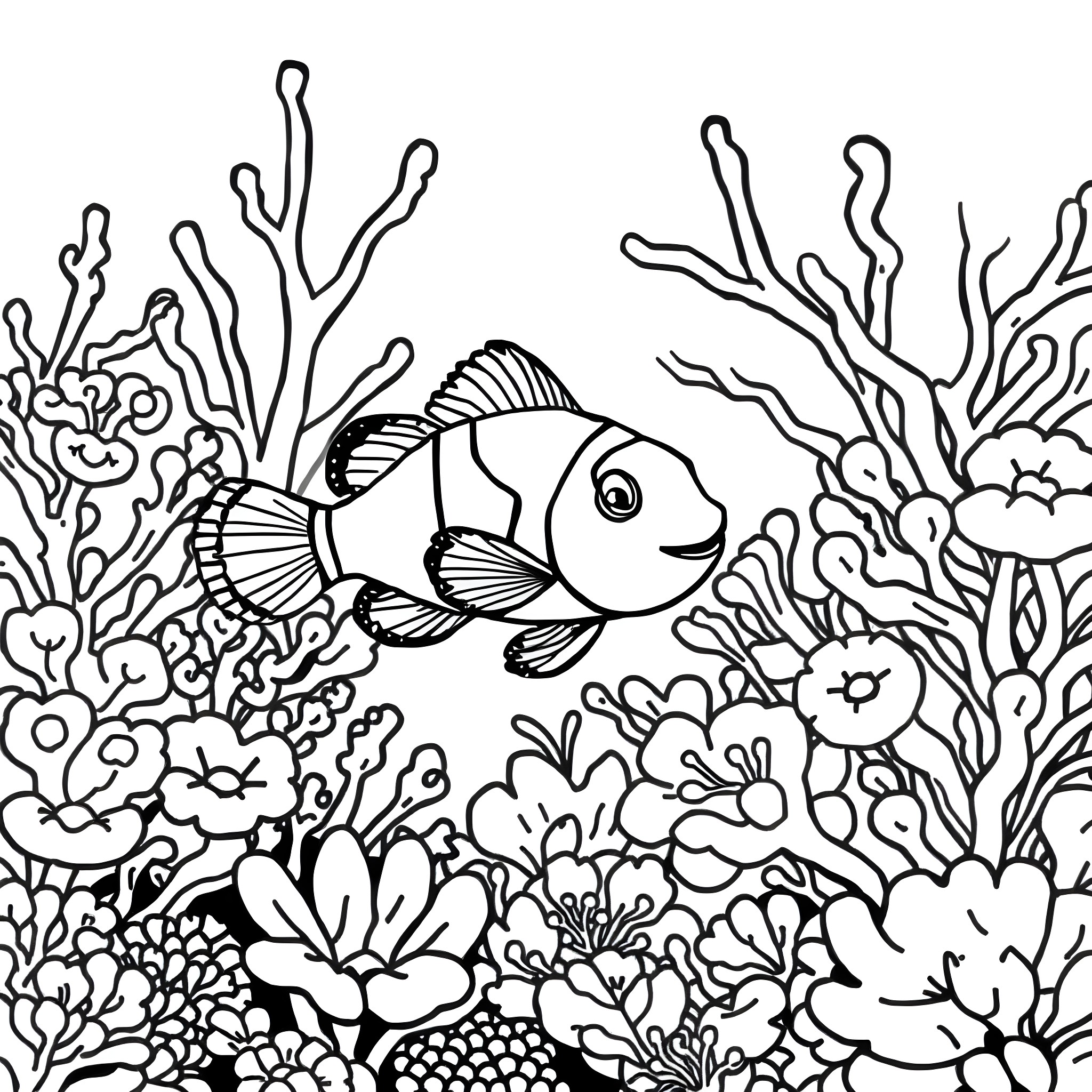 Clownfish swimming among vibrant coral reefs Coloring Page (free black-and-white line drawing printable PDF for all, from beginners to advanced learners, including children, teens, adults, and seniors)
