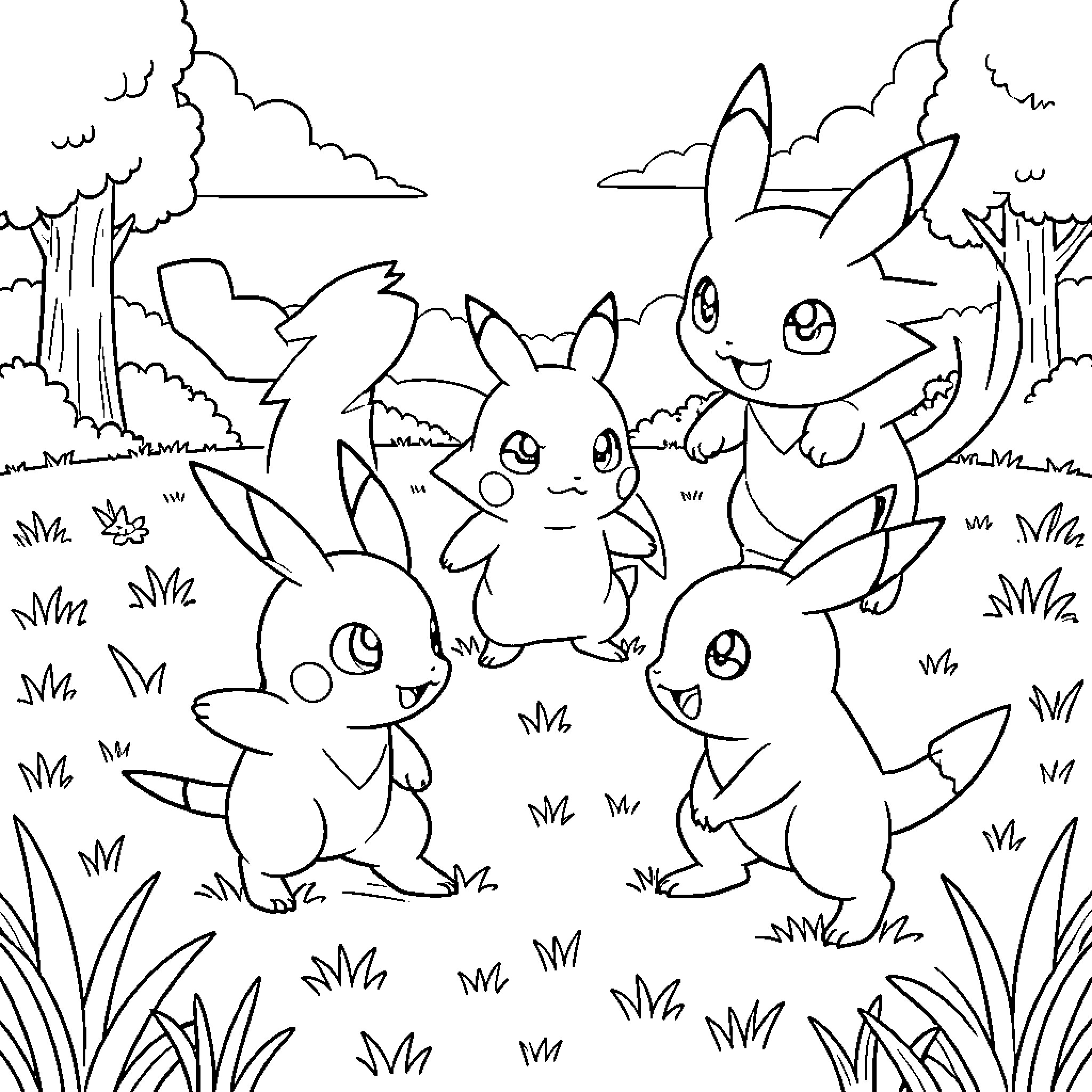Pokémon playing together in a grassy field Coloring Page (free black-and-white line drawing printable PDF for all, from beginners to advanced learners, including children, teens, adults, and seniors)