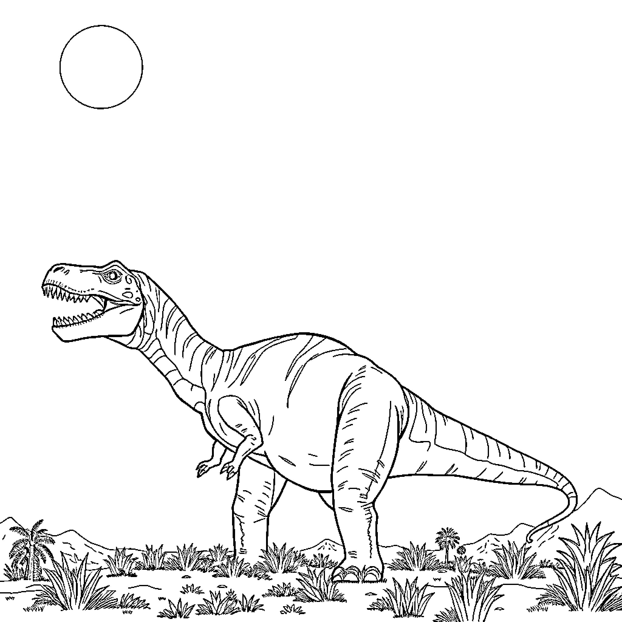 Dinosaur in the prehistoric jungle Coloring Page (free black-and-white line drawing printable PDF for all, from beginners to advanced learners, including children, teens, adults, and seniors)