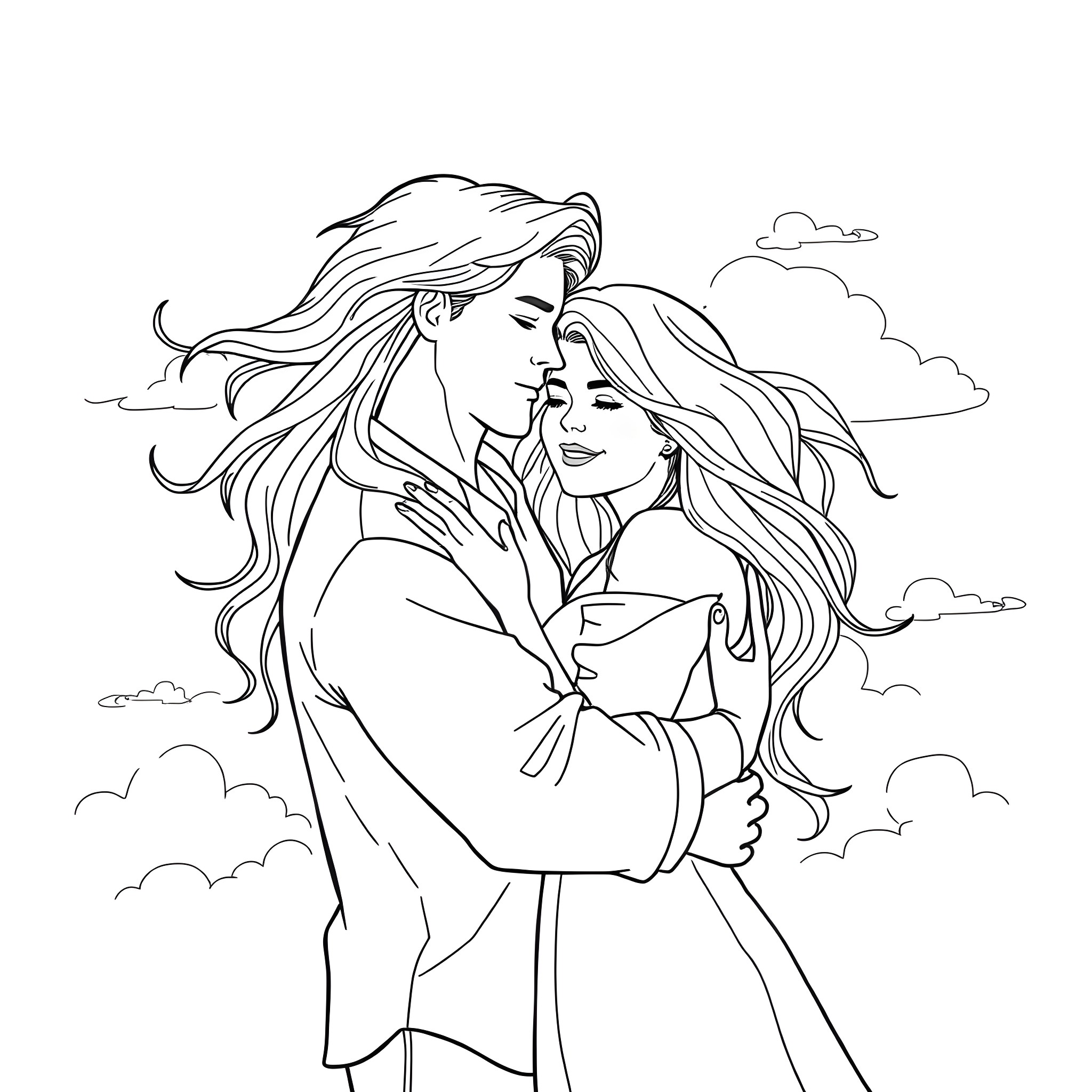 Man embracing a woman with flowing hair against the sky Coloring Page (free black-and-white line drawing printable PDF for all, from beginners to advanced learners, including children, teens, adults, and seniors)