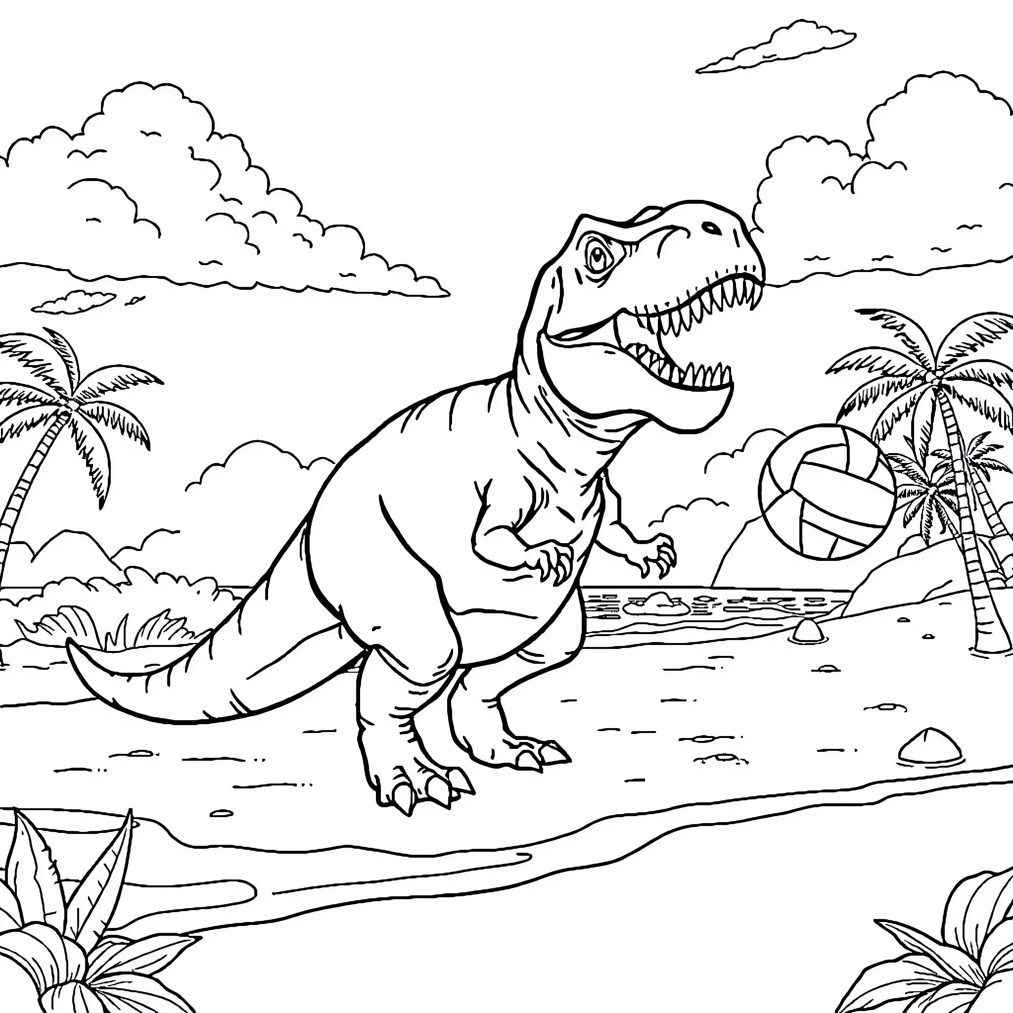Tyrannosaurus Rex roaring on a tropical beach Coloring Page (free black-and-white line drawing printable PDF for all, from beginners to advanced learners, including children, teens, adults, and seniors)