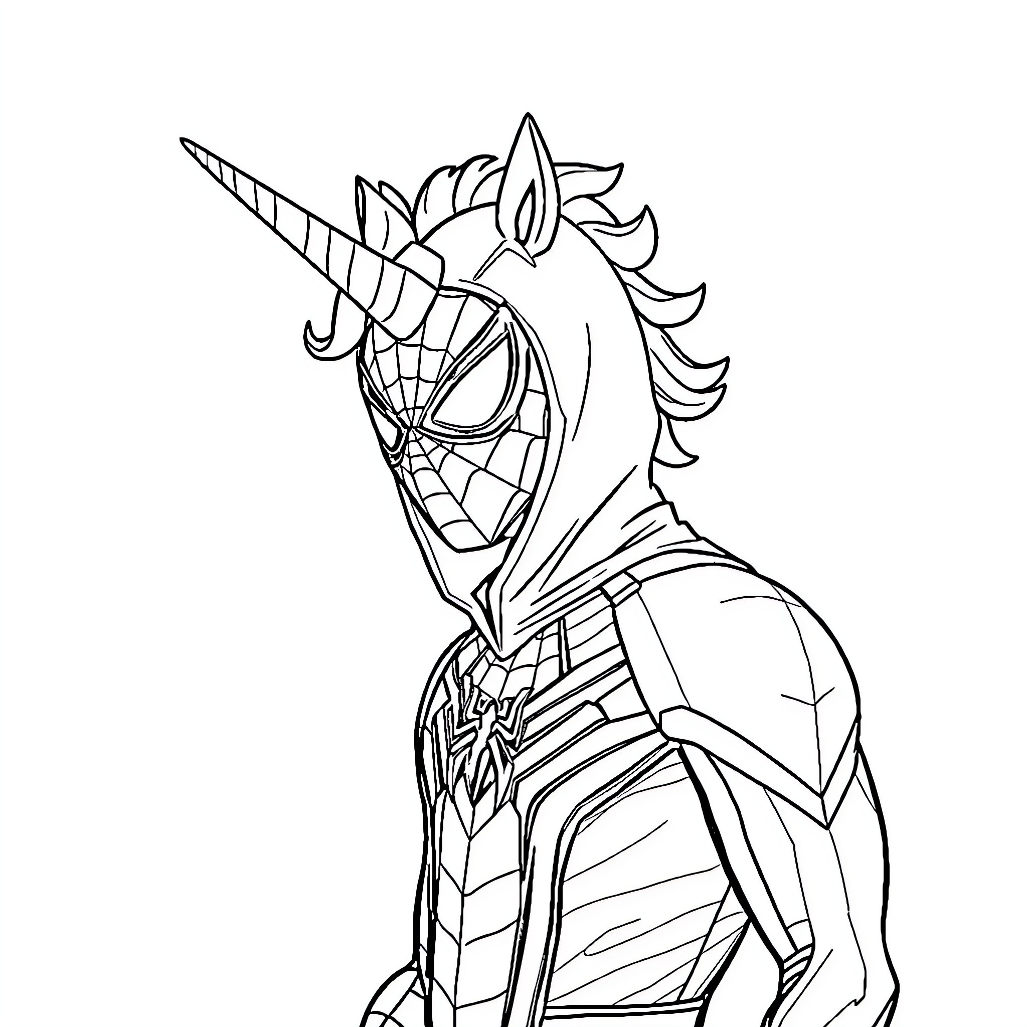 Spiderman Unicorn Hybrid in Superhero Costume Coloring Page (free black-and-white line drawing printable PDF for all, from beginners to advanced learners, including children, teens, adults, and seniors)