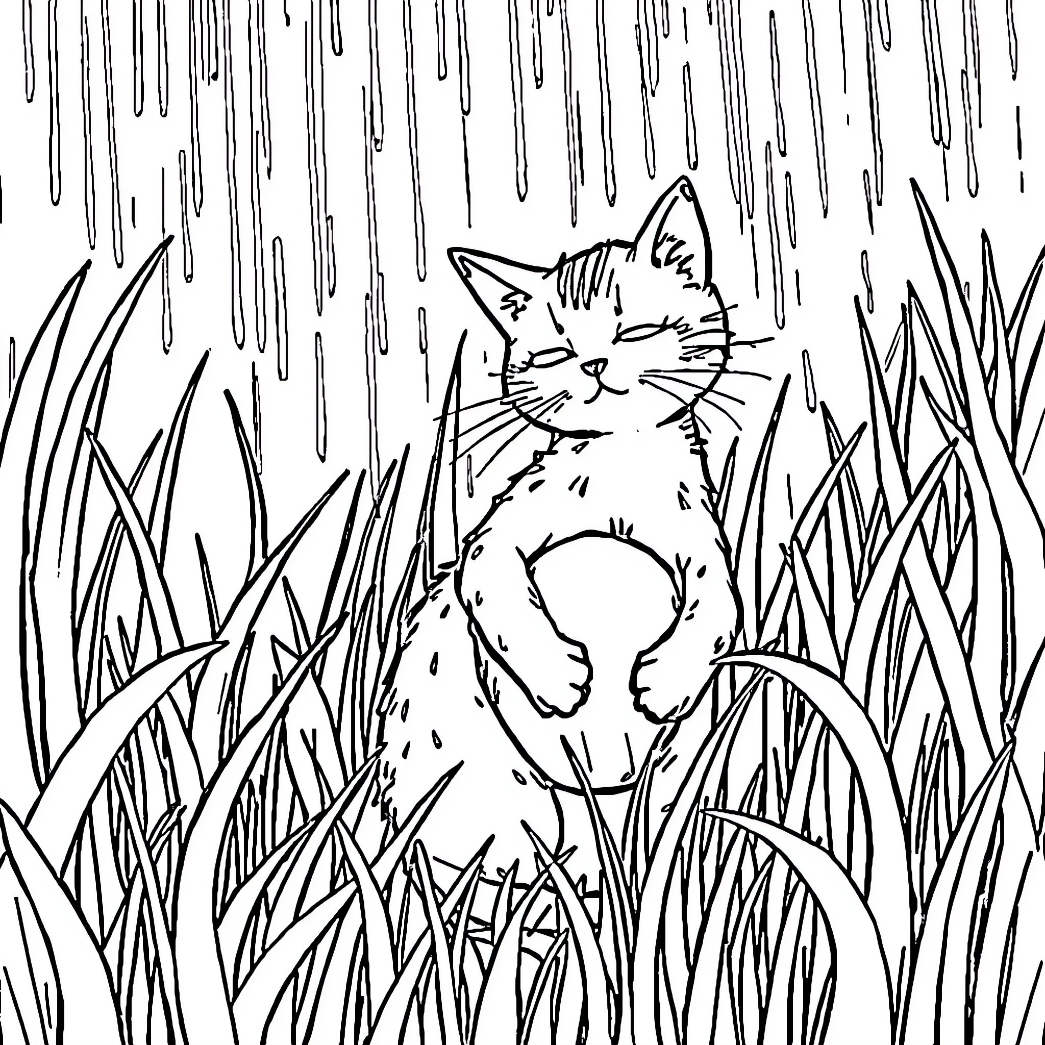 Cat hiding in the tall grass during rainy weather Coloring Page (free black-and-white line drawing printable PDF for all, from beginners to advanced learners, including children, teens, adults, and seniors)