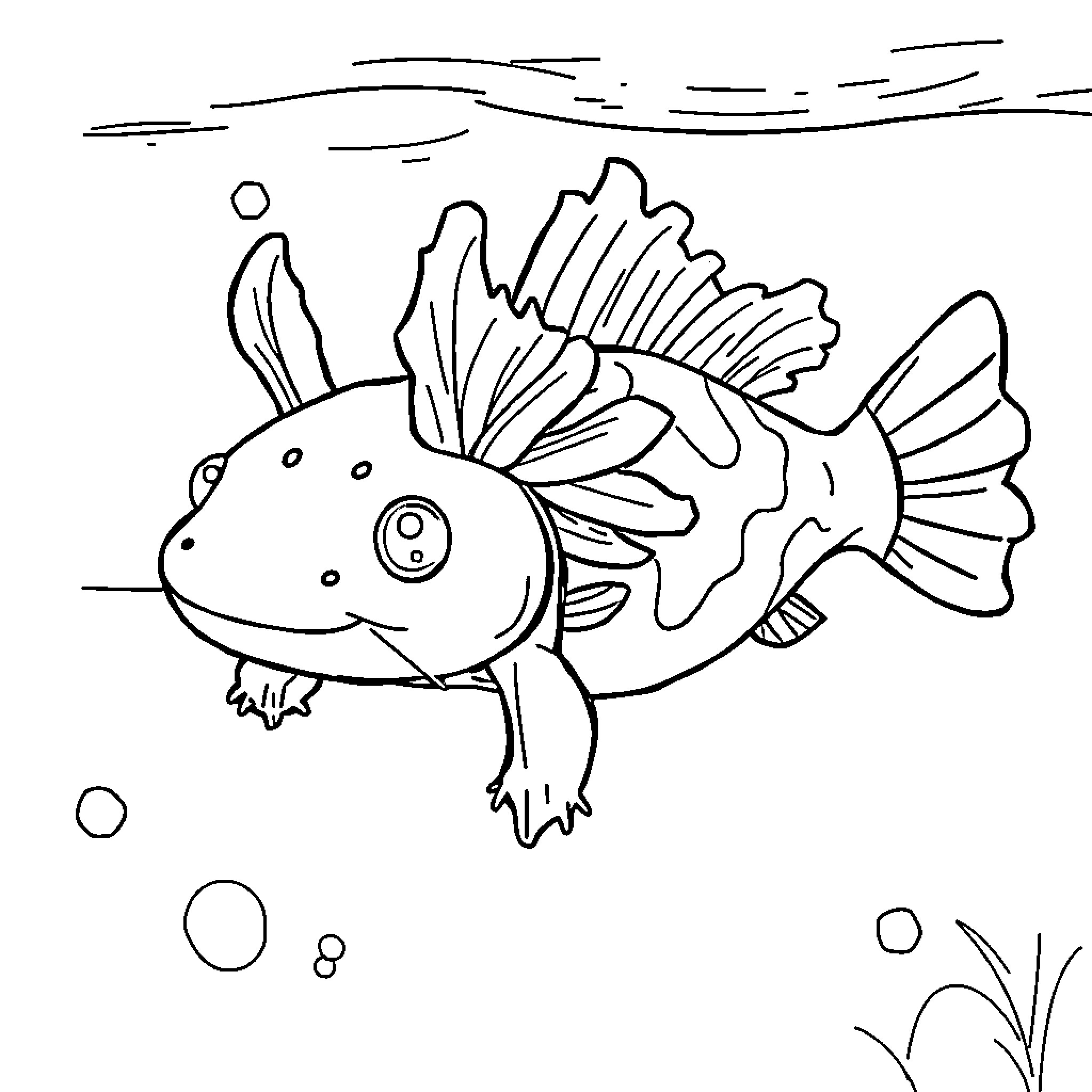 Axolotl swimming in underwater scene Coloring Page (free black-and-white line drawing printable PDF for all, from beginners to advanced learners, including children, teens, adults, and seniors)
