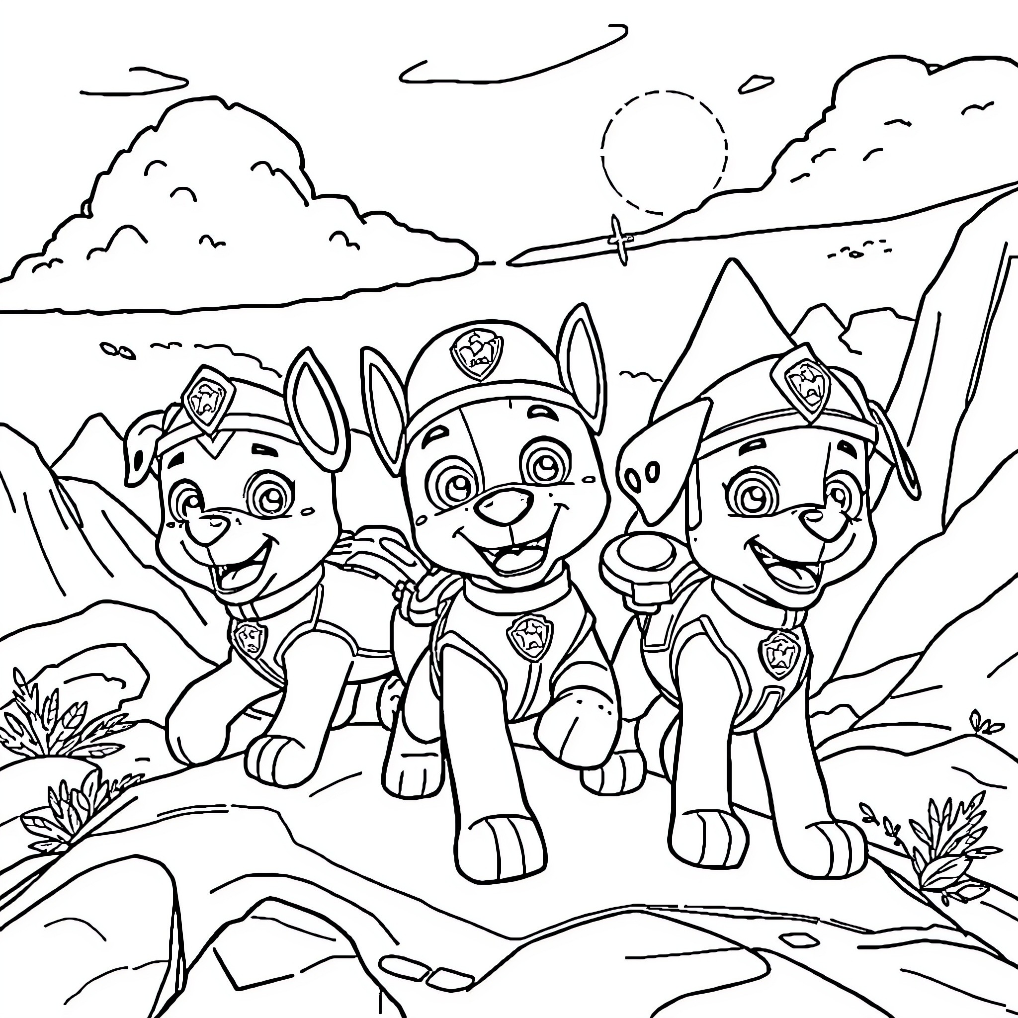 Paw Patrol Puppies in Adventure Setting Coloring Page (free black-and-white line drawing printable PDF for all, from beginners to advanced learners, including children, teens, adults, and seniors)