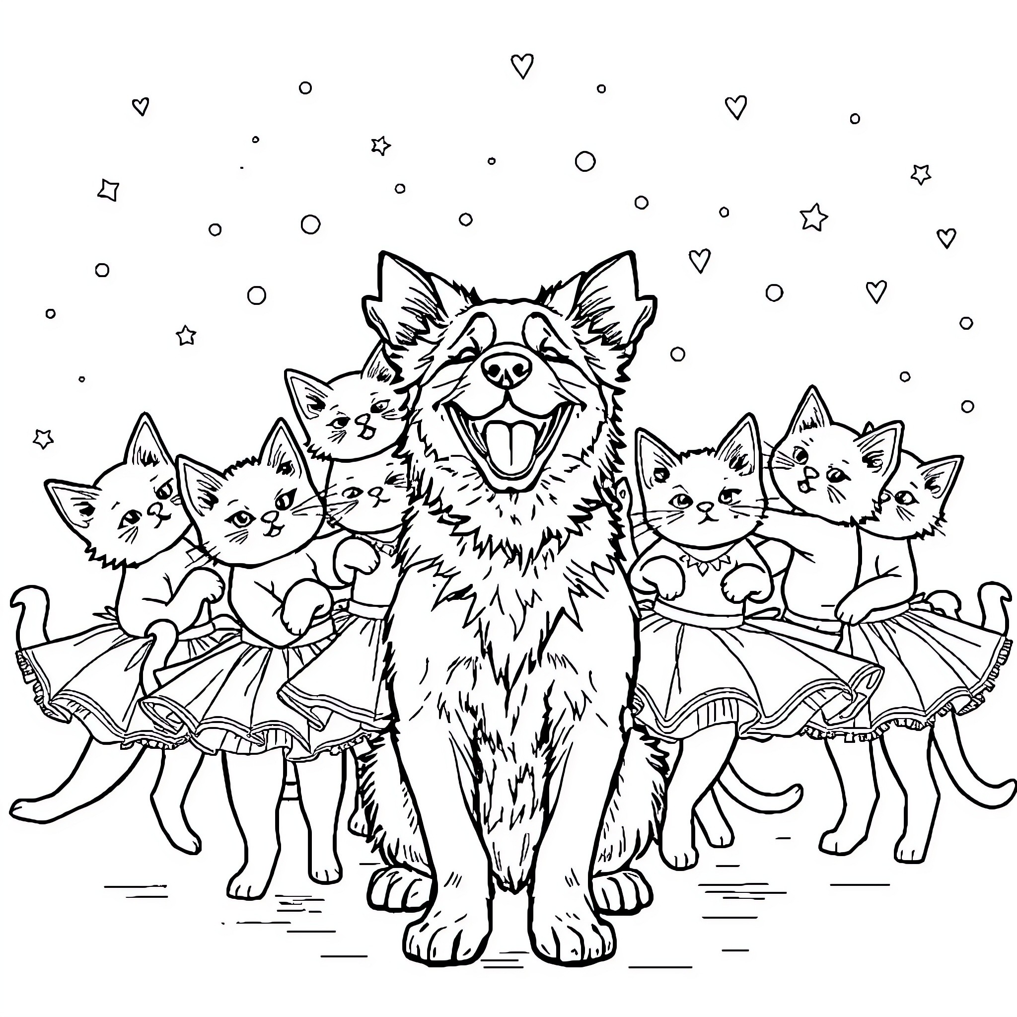 Dog surrounded by happy kittens in fancy outfits Coloring Page (free black-and-white line drawing printable PDF for all, from beginners to advanced learners, including children, teens, adults, and seniors)