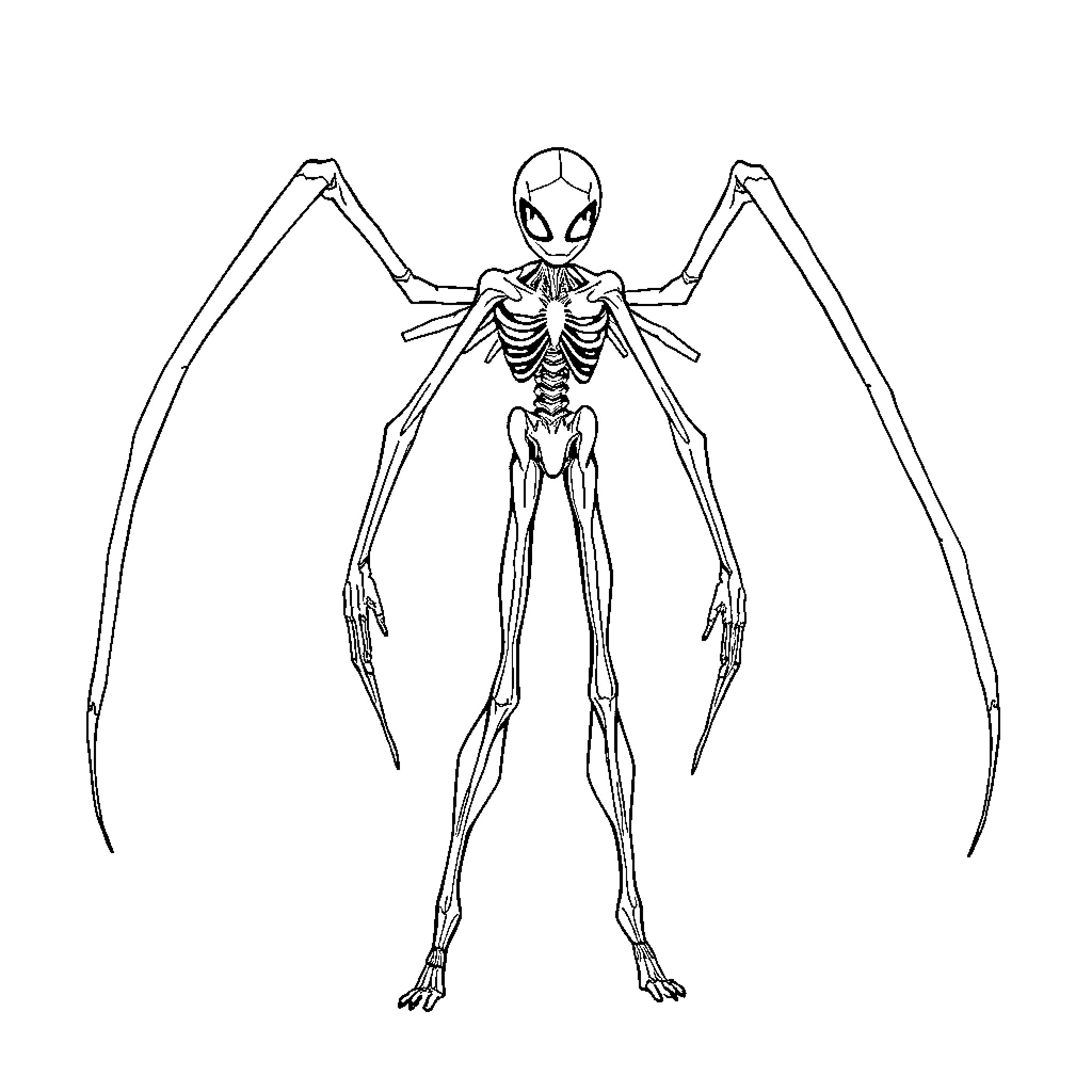 Spider-like skeletal figure with long limbs Coloring Page (free black-and-white line drawing printable PDF for all, from beginners to advanced learners, including children, teens, adults, and seniors)