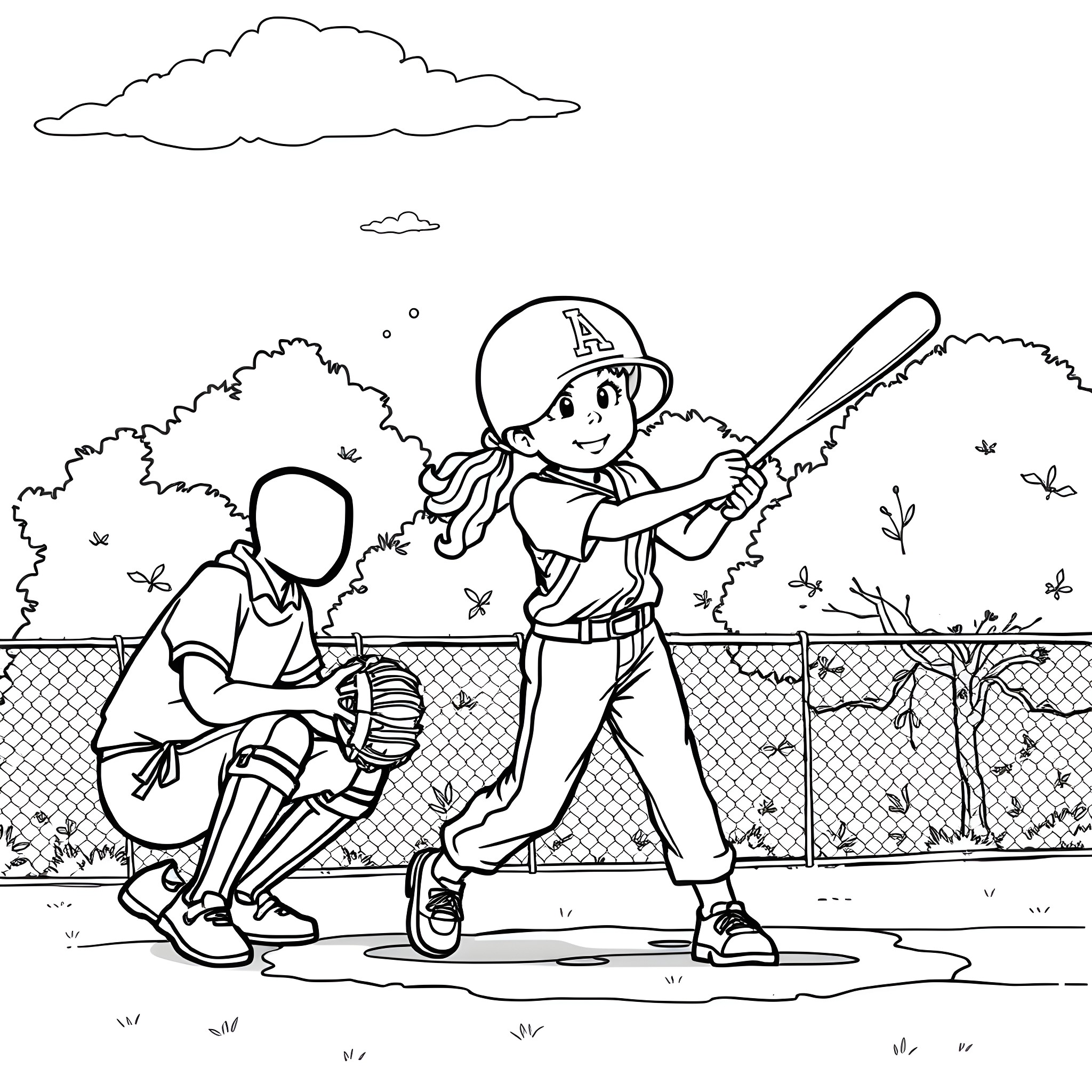 Isa playing baseball with friend in the park Coloring Page (free black-and-white line drawing printable PDF for all, from beginners to advanced learners, including children, teens, adults, and seniors)