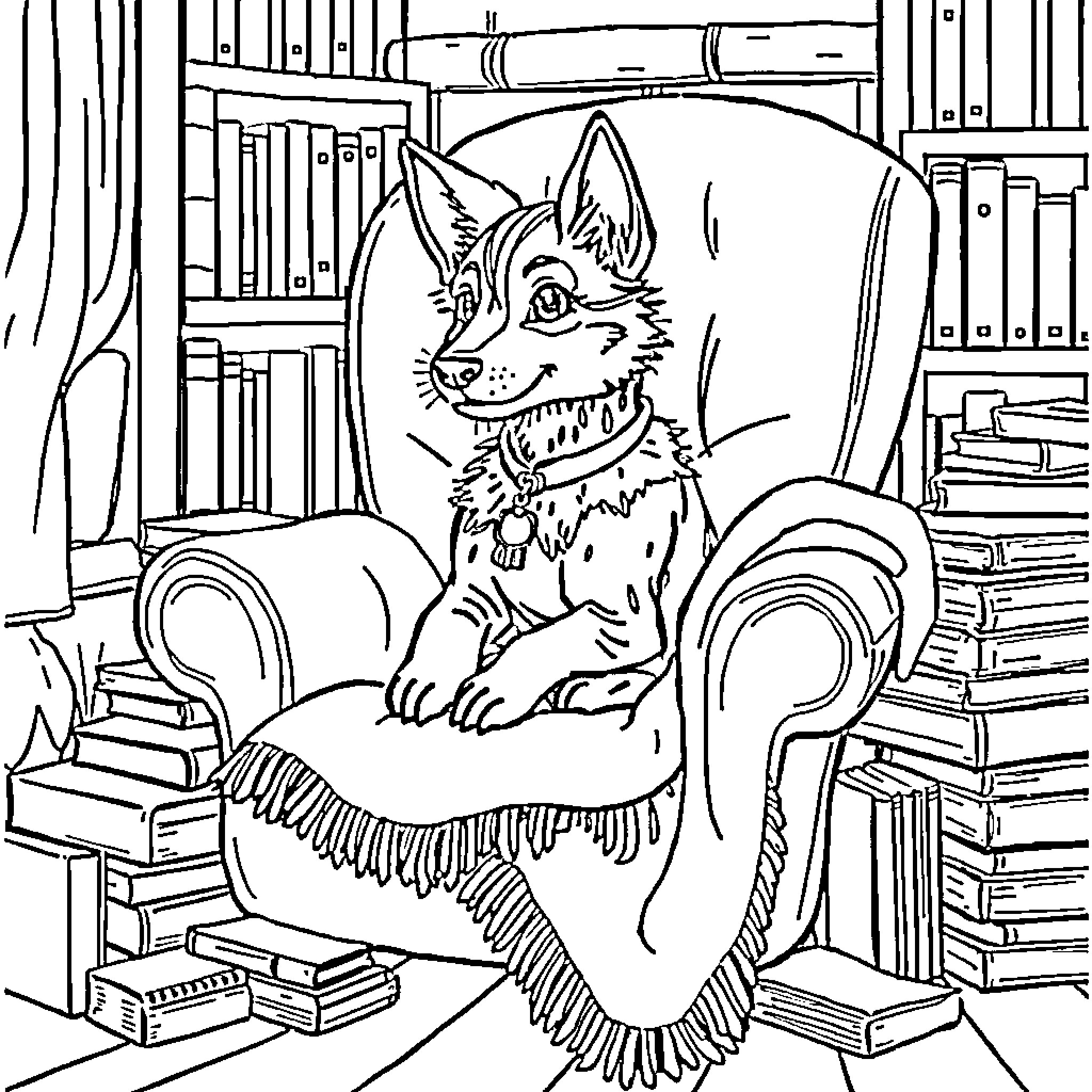Spi-rited Canine Companion in Cozy Study Coloring Page (free black-and-white line drawing printable PDF for all, from beginners to advanced learners, including children, teens, adults, and seniors)