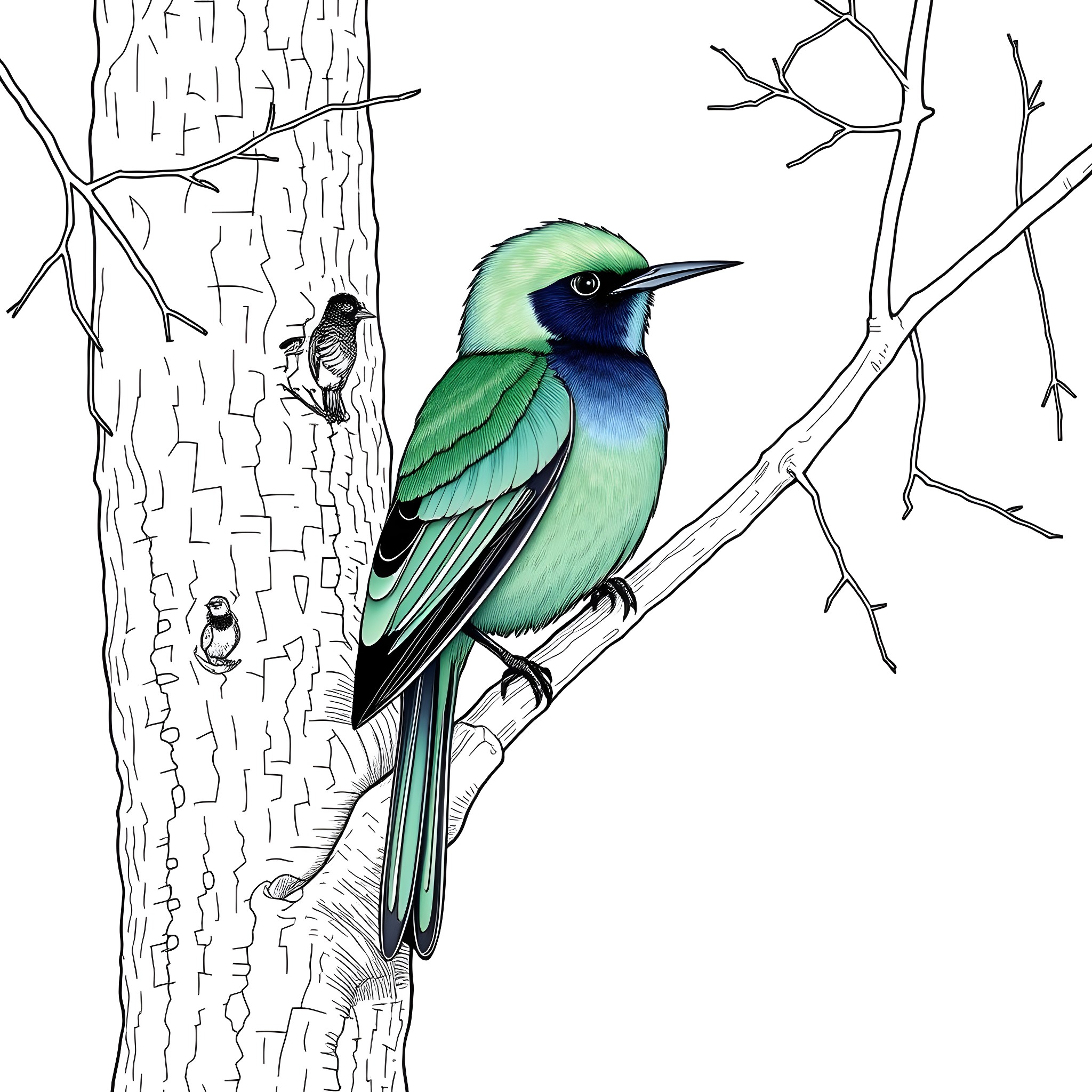 Dacnis bird perching on tree branch Coloring Page (free black-and-white line drawing printable PDF for all, from beginners to advanced learners, including children, teens, adults, and seniors)
