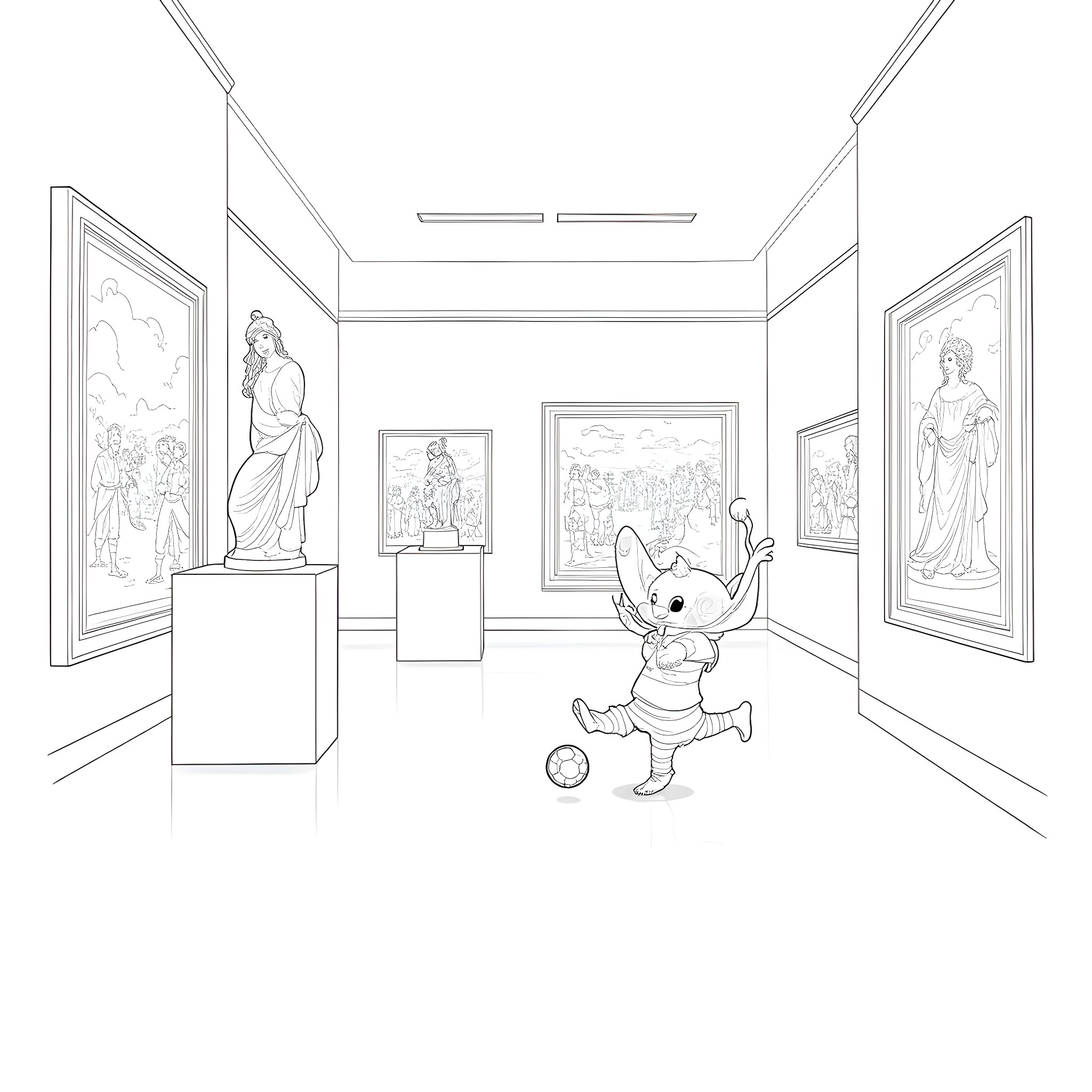 Stitch exploring an art gallery Coloring Page (free black-and-white line drawing printable PDF for all, from beginners to advanced learners, including children, teens, adults, and seniors)