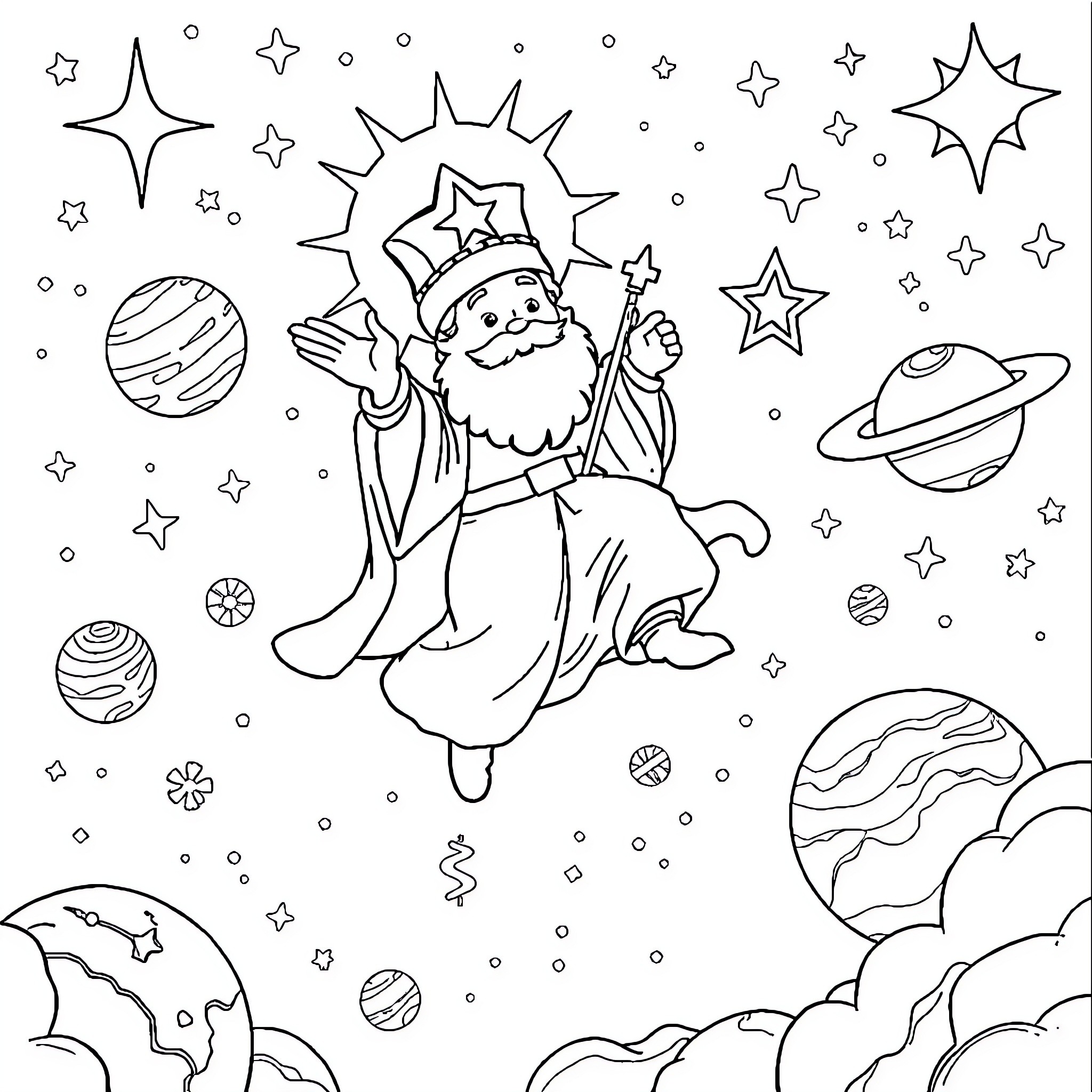 Saint Nicolas spreading joy among the stars Coloring Page (free black-and-white line drawing printable PDF for all, from beginners to advanced learners, including children, teens, adults, and seniors)