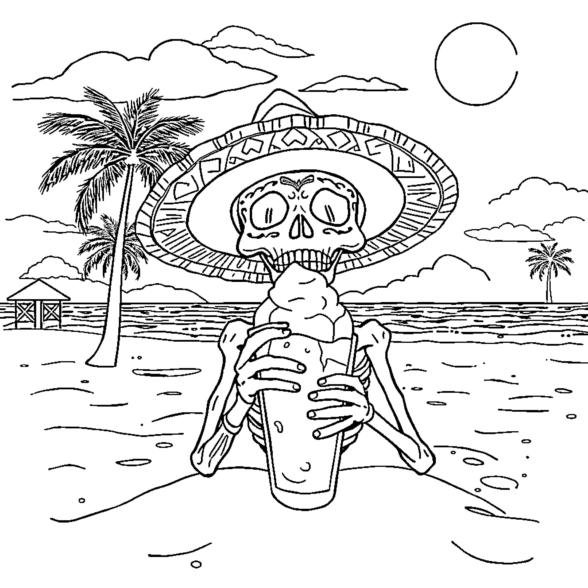 Calavera enjoying a tropical beverage on the beach Coloring Page (free black-and-white line drawing printable PDF for all, from beginners to advanced learners, including children, teens, adults, and seniors)