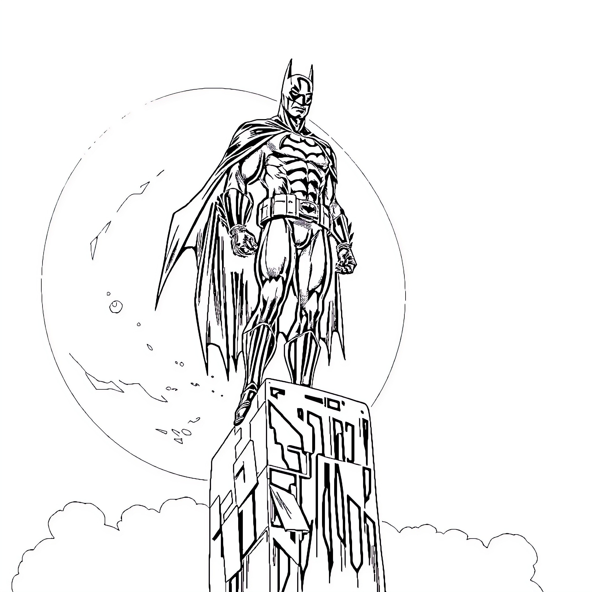 Batman Standing Tall on a Rooftop Coloring Page (free black-and-white line drawing printable PDF for all, from beginners to advanced learners, including children, teens, adults, and seniors)