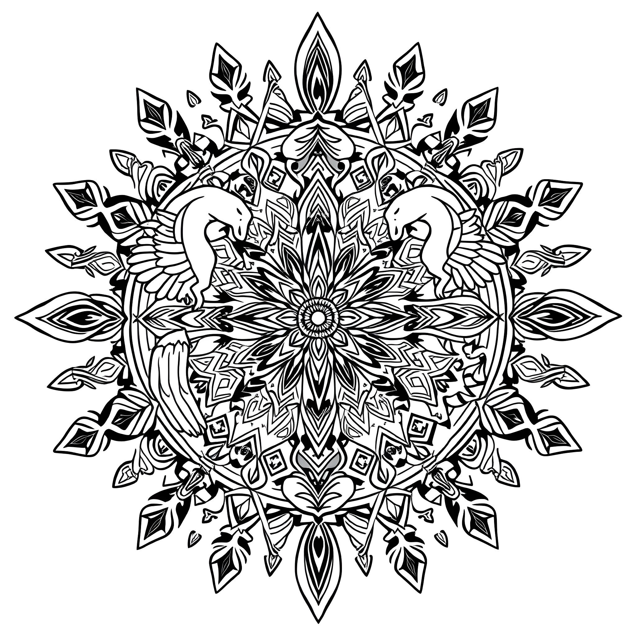 Mandala featuring symmetrical floral patterns and mythical creatures Coloring Page (free black-and-white line drawing printable PDF for all, from beginners to advanced learners, including children, teens, adults, and seniors)