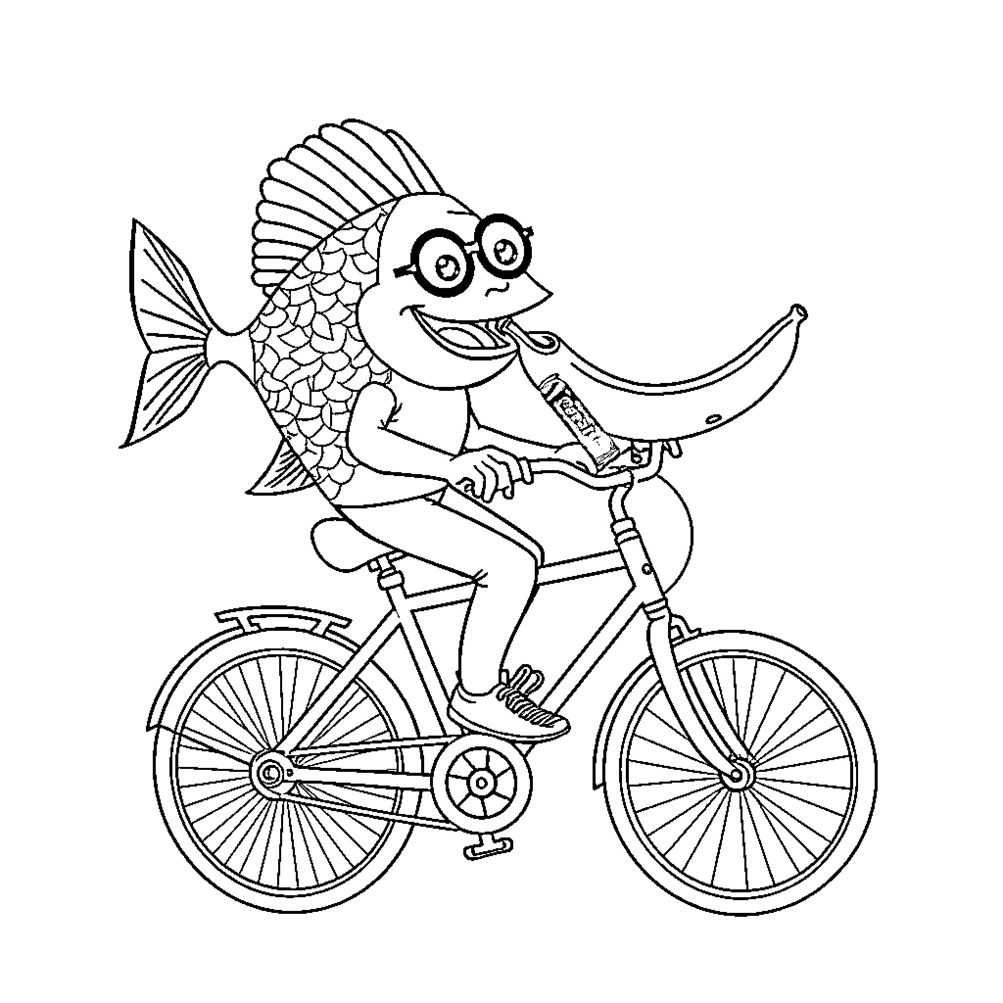 Fish riding bicycle with enthusiasm Coloring Page (free black-and-white line drawing printable PDF for all, from beginners to advanced learners, including children, teens, adults, and seniors)