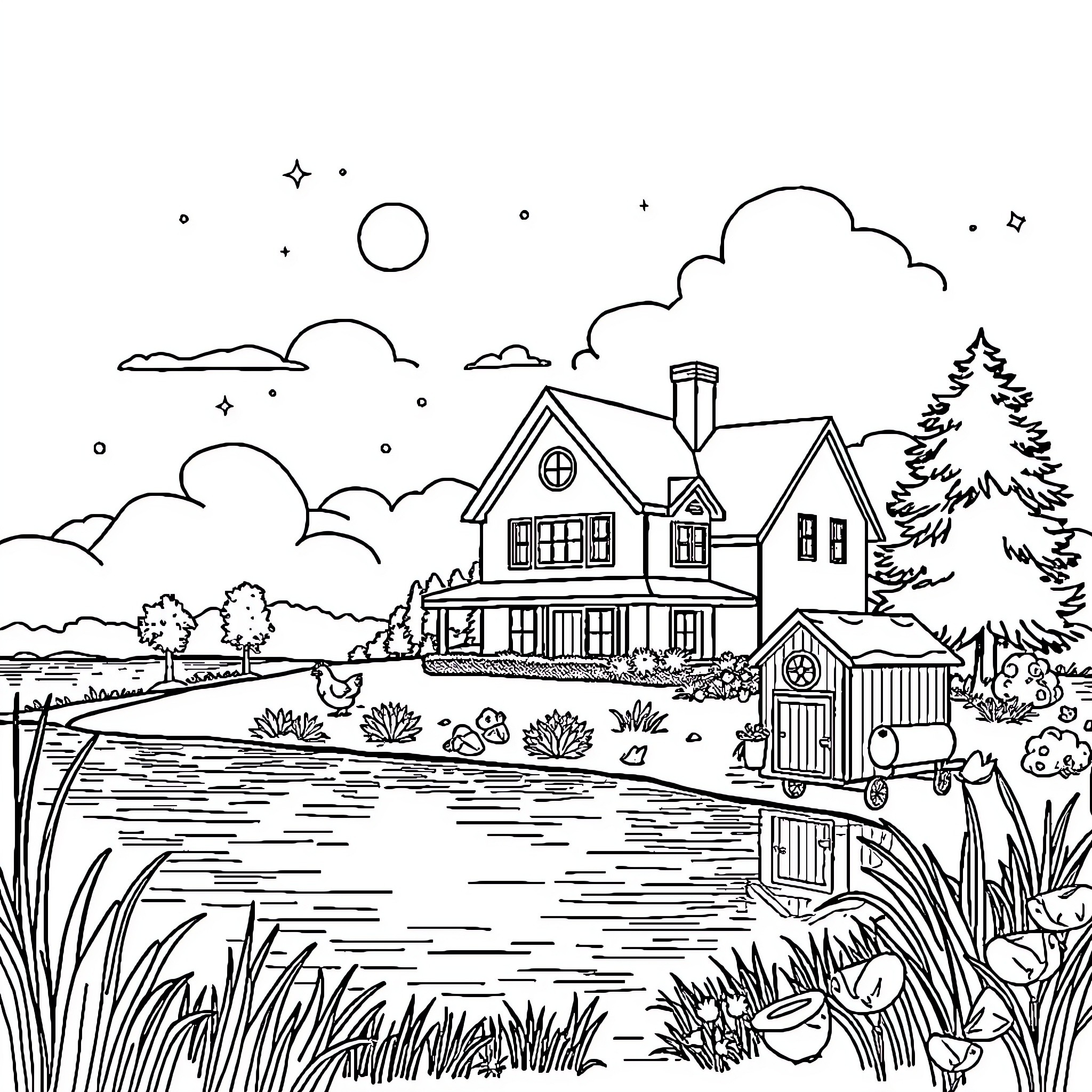 House with a Quaint Countryside Landscape Coloring Page (free black-and-white line drawing printable PDF for all, from beginners to advanced learners, including children, teens, adults, and seniors)