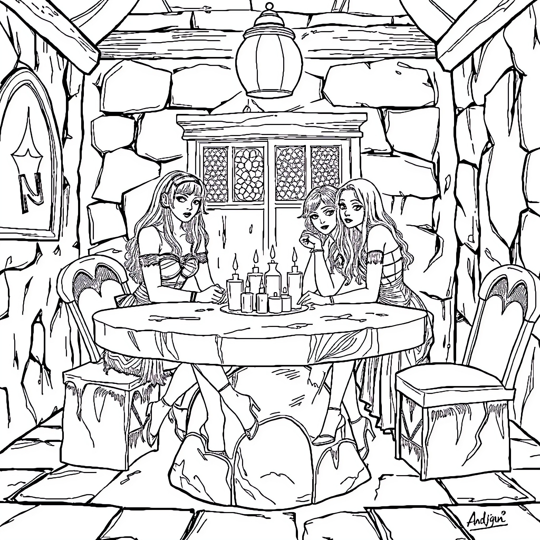 Lady Friends Enjoying Tea Time in Enchanted Cottage Coloring Page (free black-and-white line drawing printable PDF for all, from beginners to advanced learners, including children, teens, adults, and seniors)