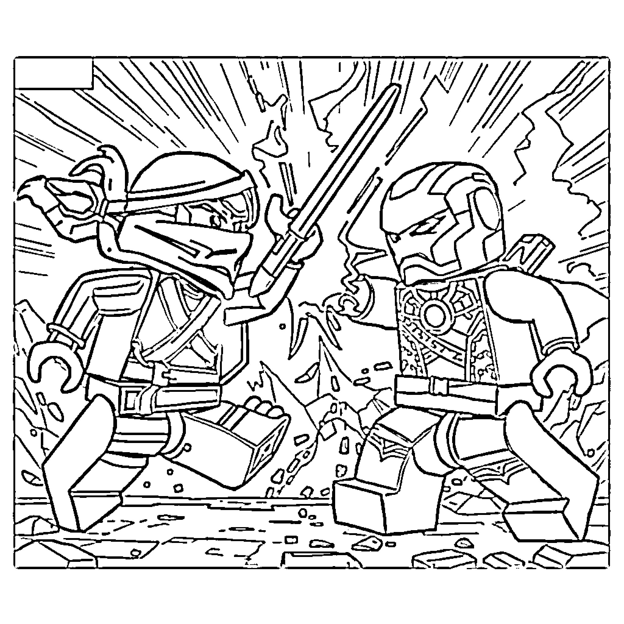 Ninjago warriors in intense battle action Coloring Page (free black-and-white line drawing printable PDF for all, from beginners to advanced learners, including children, teens, adults, and seniors)