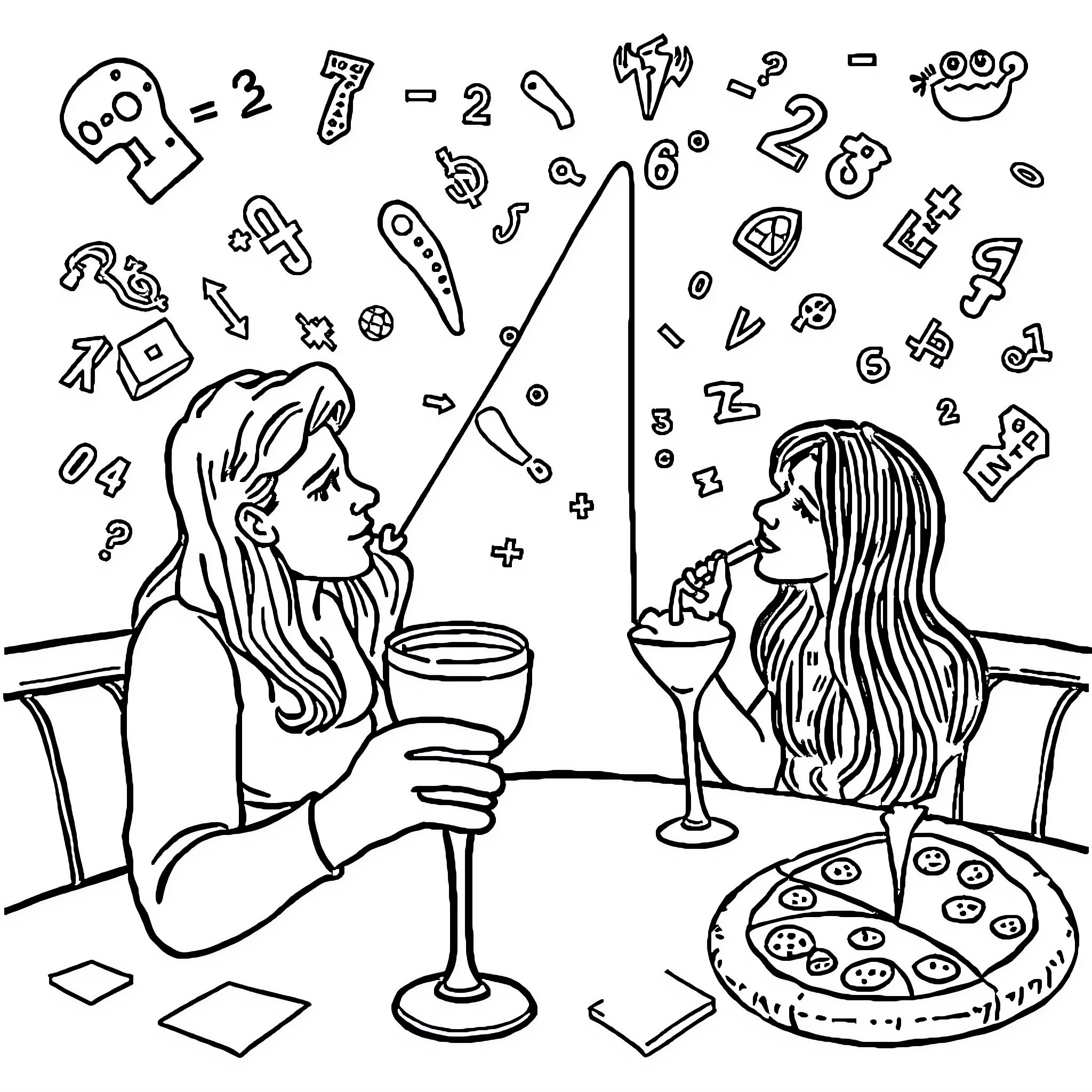 Math Symbols Enjoyed Over Drinks and Snacks Coloring Page (free black-and-white line drawing printable PDF for all, from beginners to advanced learners, including children, teens, adults, and seniors)