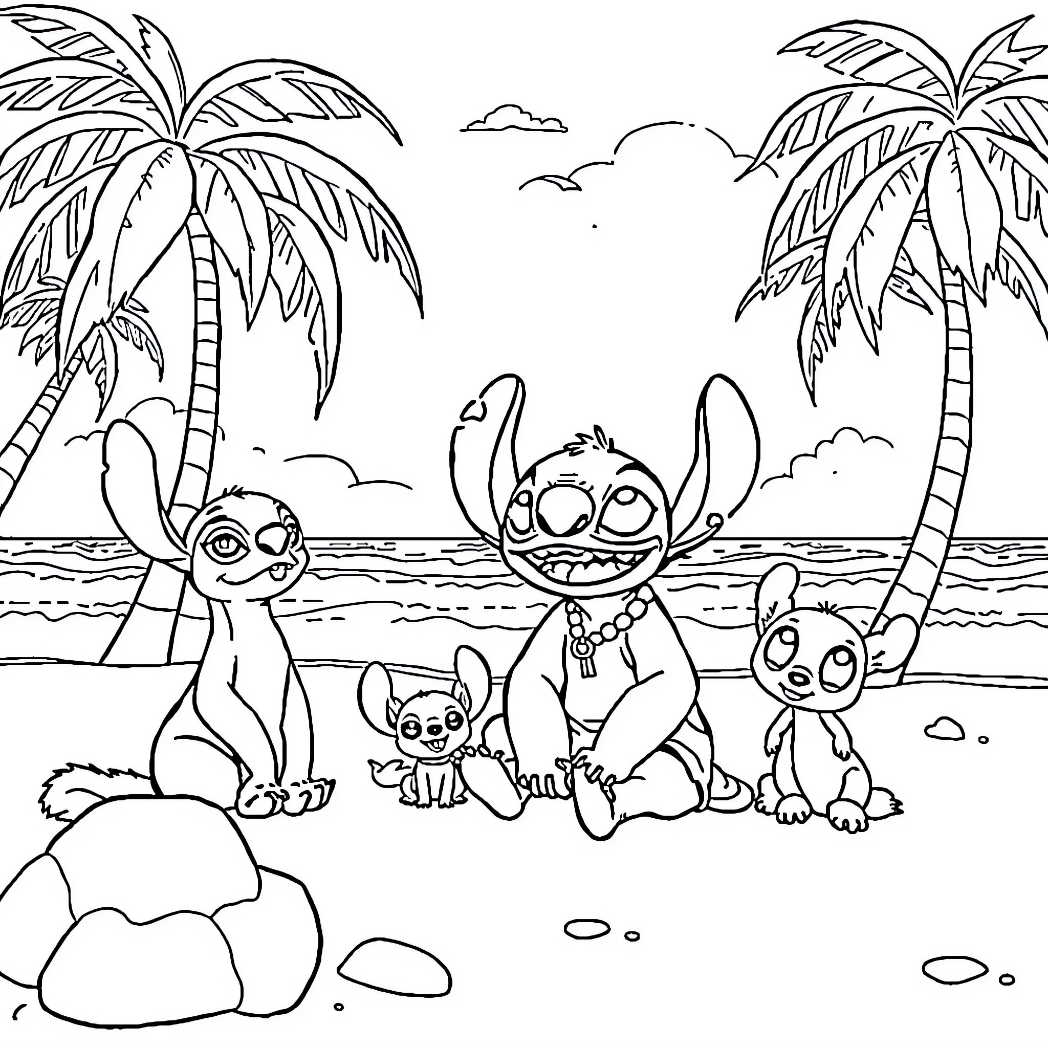 Lilo and friends on a tropical beach adventure Coloring Page (free black-and-white line drawing printable PDF for all, from beginners to advanced learners, including children, teens, adults, and seniors)