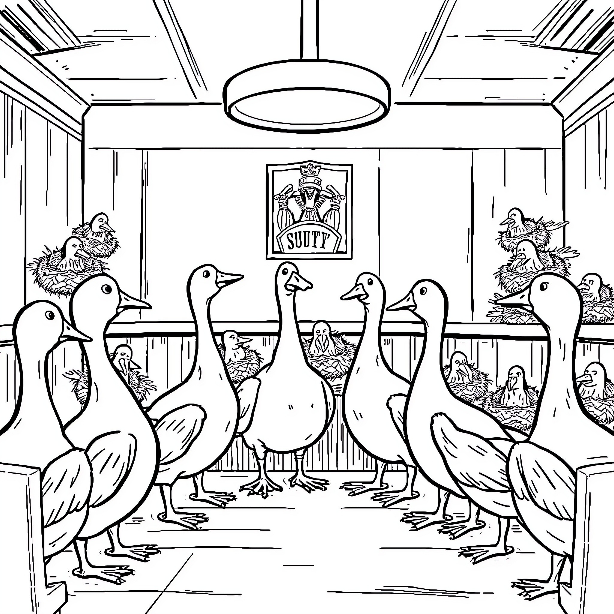 Goose gathering in a cozy cafe Coloring Page (free black-and-white line drawing printable PDF for all, from beginners to advanced learners, including children, teens, adults, and seniors)
