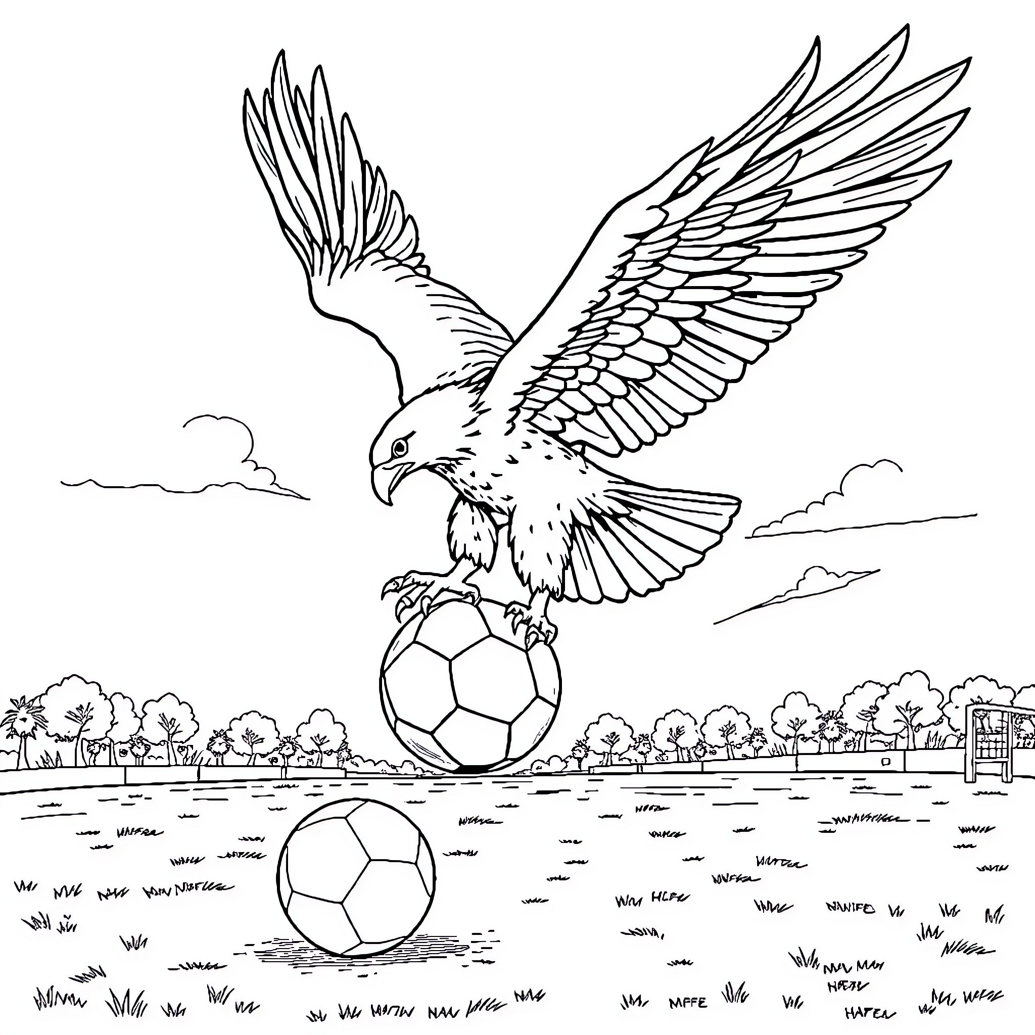 Eagle soaring with soccer balls on field Coloring Page (free black-and-white line drawing printable PDF for all, from beginners to advanced learners, including children, teens, adults, and seniors)