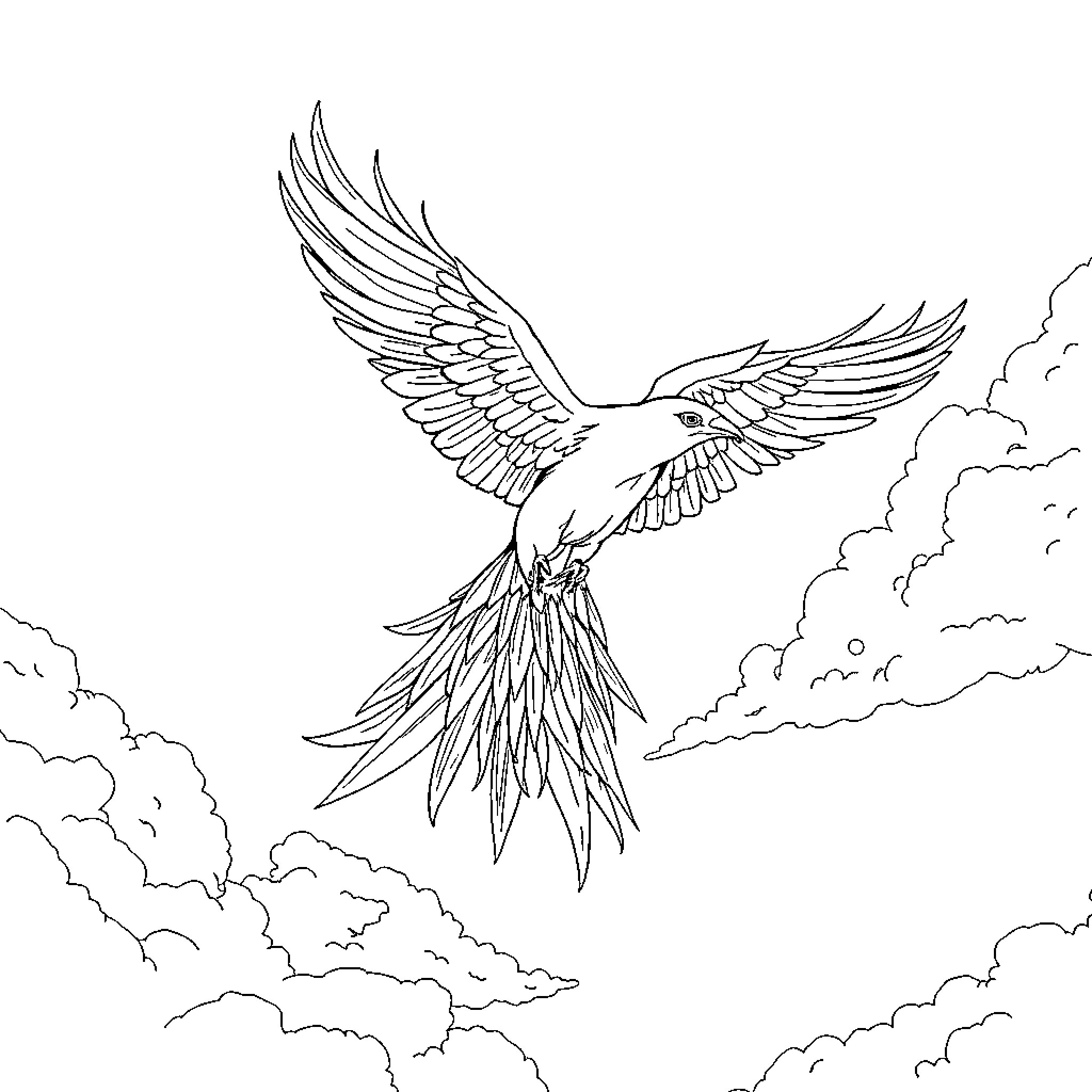 Phoenix soaring gracefully through clouded skies Coloring Page (free black-and-white line drawing printable PDF for all, from beginners to advanced learners, including children, teens, adults, and seniors)