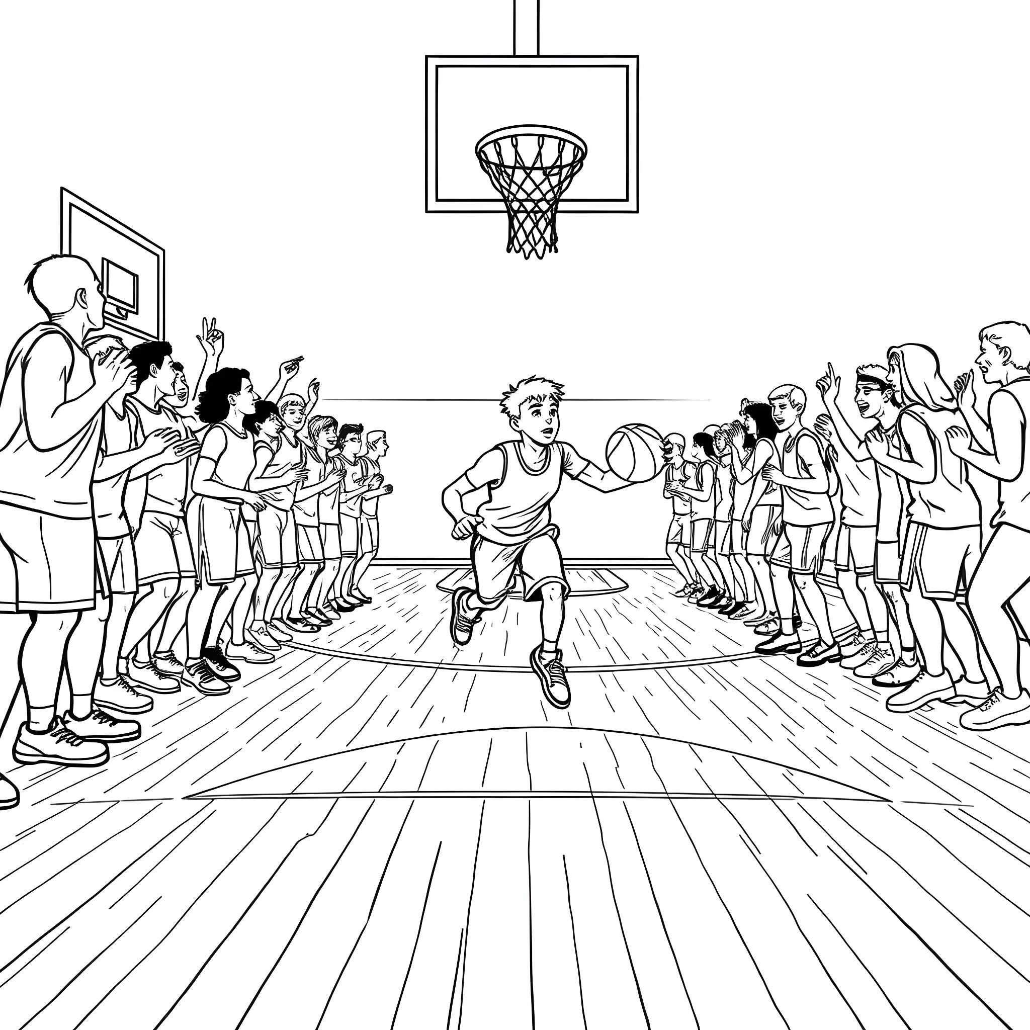 JChosen Basketball Team Players Competing on Court Coloring Page (free black-and-white line drawing printable PDF for all, from beginners to advanced learners, including children, teens, adults, and seniors)