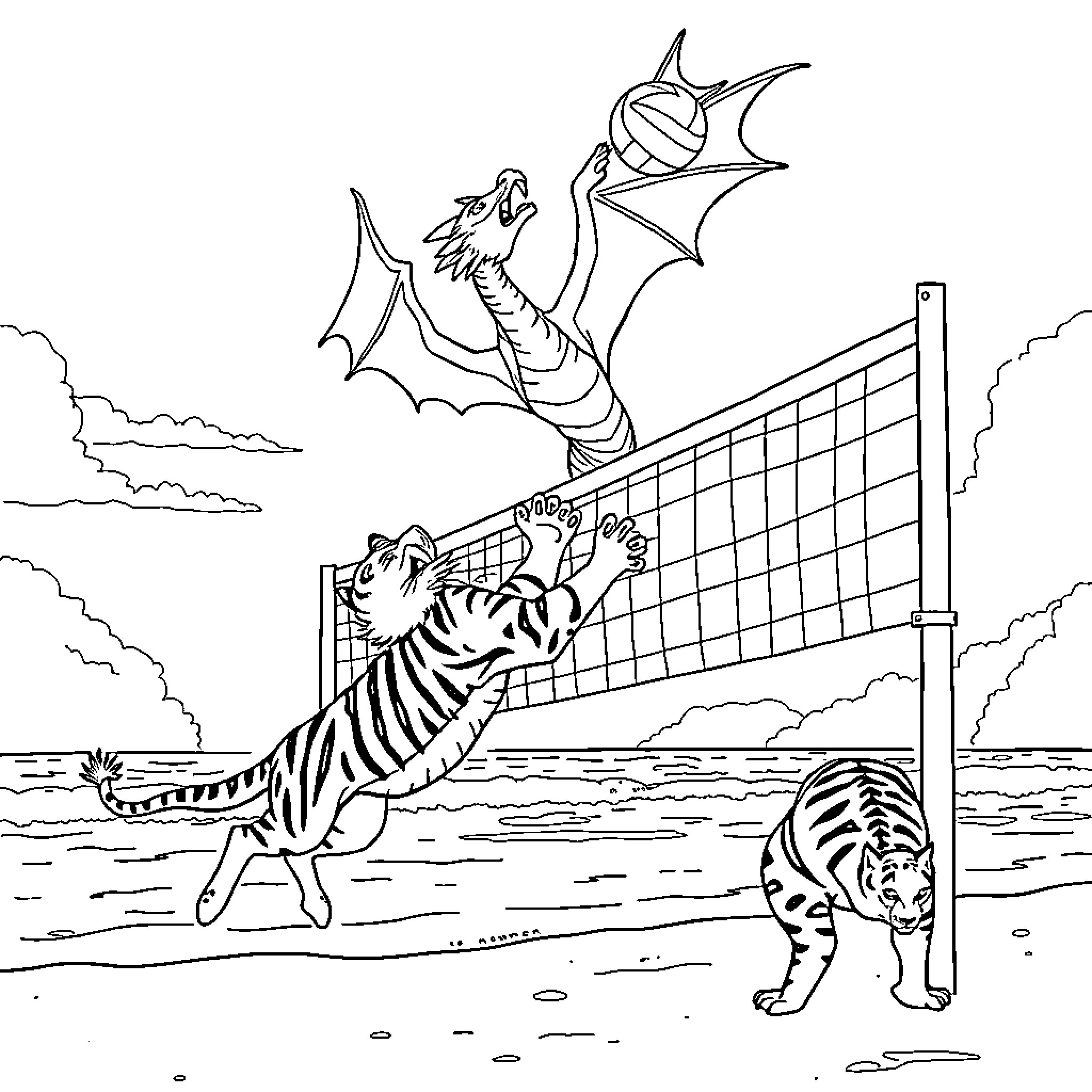 Dragon playing volleyball with tigers on the beach Coloring Page (free black-and-white line drawing printable PDF for all, from beginners to advanced learners, including children, teens, adults, and seniors)